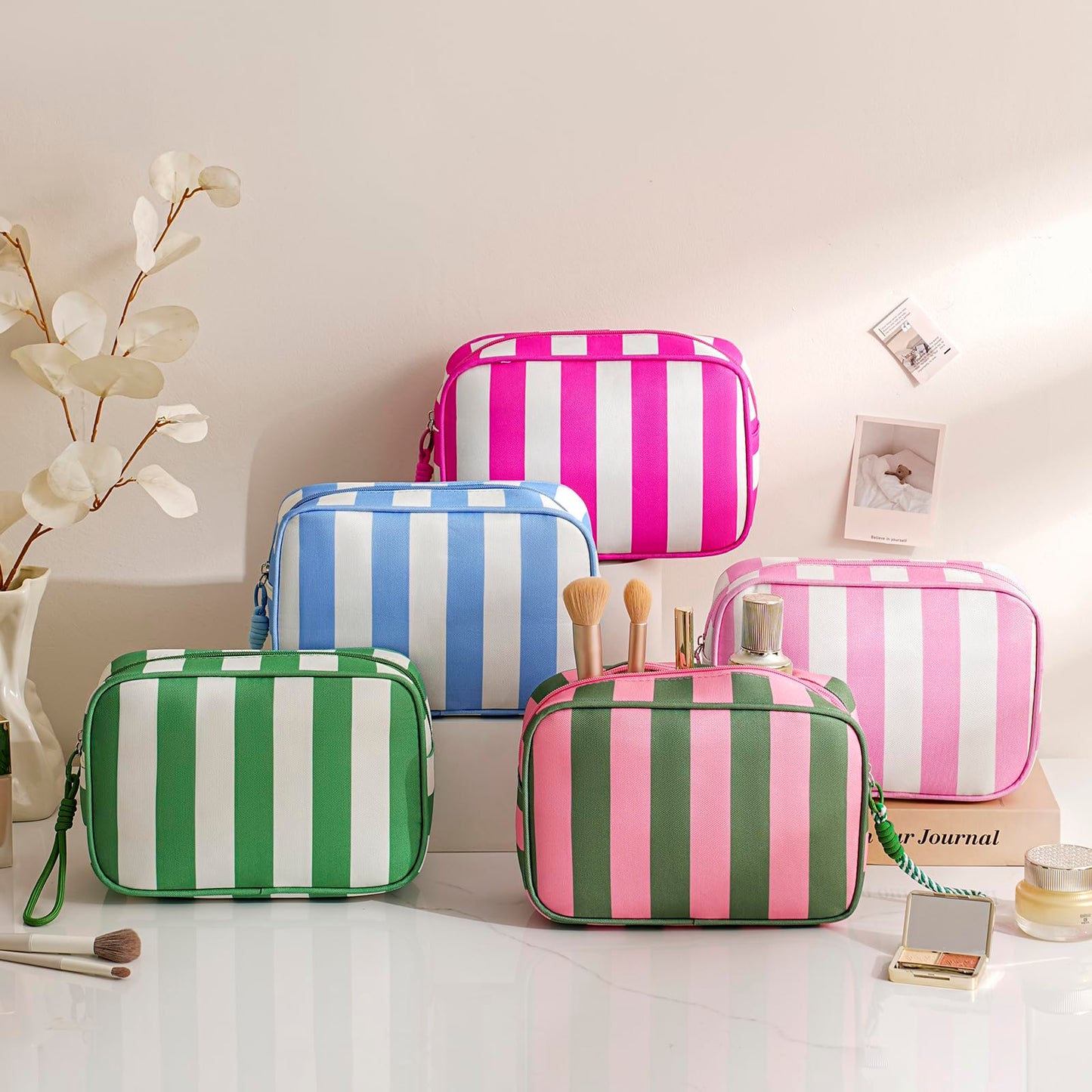 Lestikave Stripe Travel Makeup Bag,Large Aesthetic Zipper Cosmetic Bag, Oxford Coquette Toiletry Bag, Girls Handbags Purses, Accessories Storage Bag for Women Girls(02 Pink&Green)