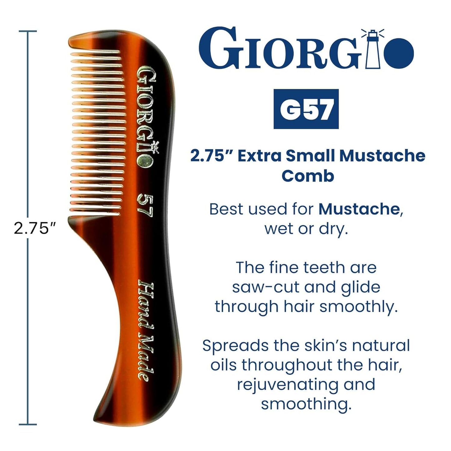 Giorgio G57 Extra Small 2.75 Inch Men's Fine Toothed Beard and Mustache Comb for Facial Hair Grooming and Styling. Wallet Pocket Comb Handmade of Quality Durable Cellulose, Saw-Cut and Hand Polished