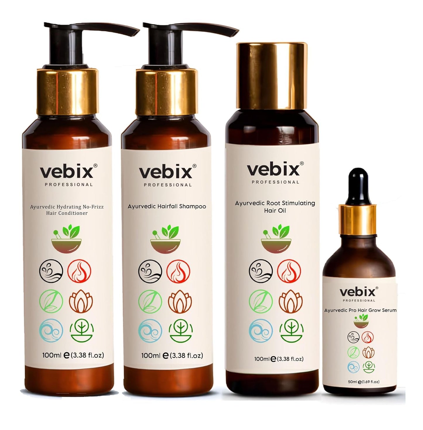 VebixProfessional Customized HairFall Control Regimen Ayurvedic 4 Product Kit | Anti Hairfall Shampoo - Hair Growth Oil, Keratin Conditioner & Hair Growth Serum | All Hair Types (11.85 Fl.oz)