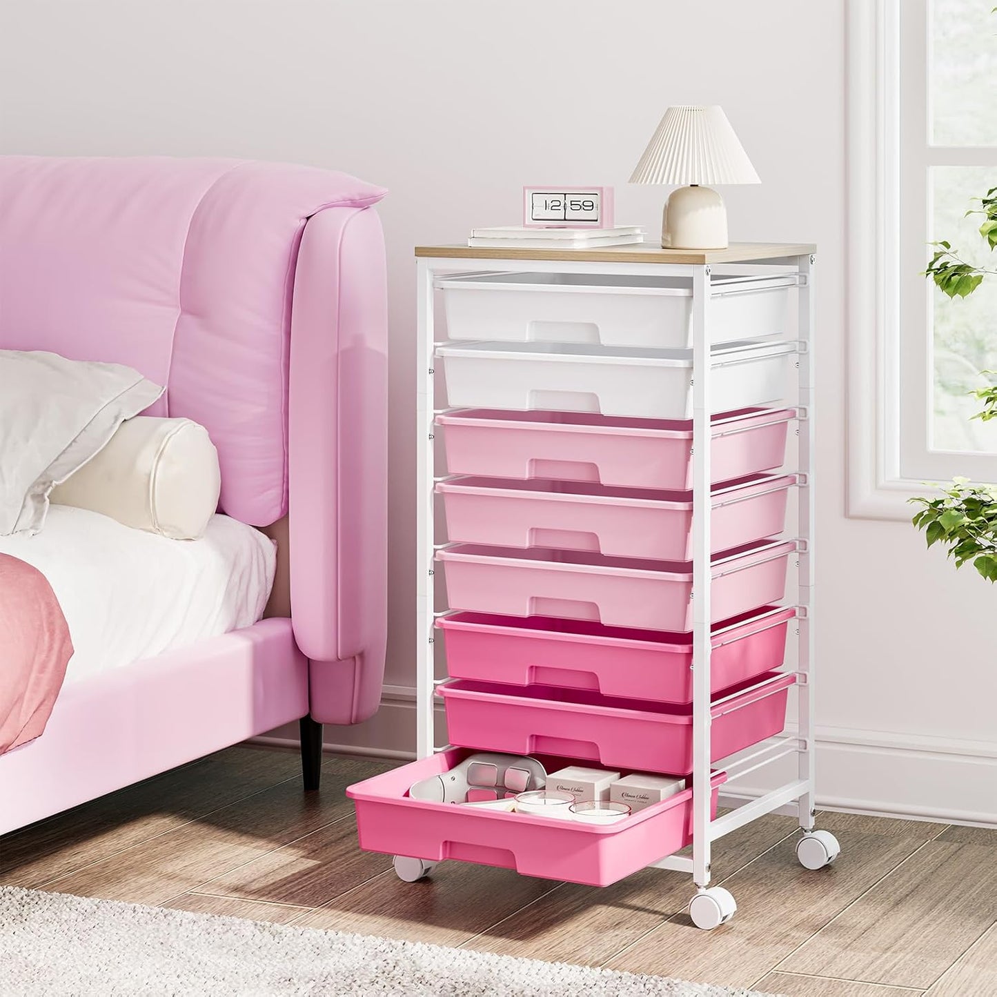 Rolling Cart with Drawers - Pink Storage Cart with 8 Plastic Drawers & Wooden Tabletop | Ideal for Crafts & Teachers
