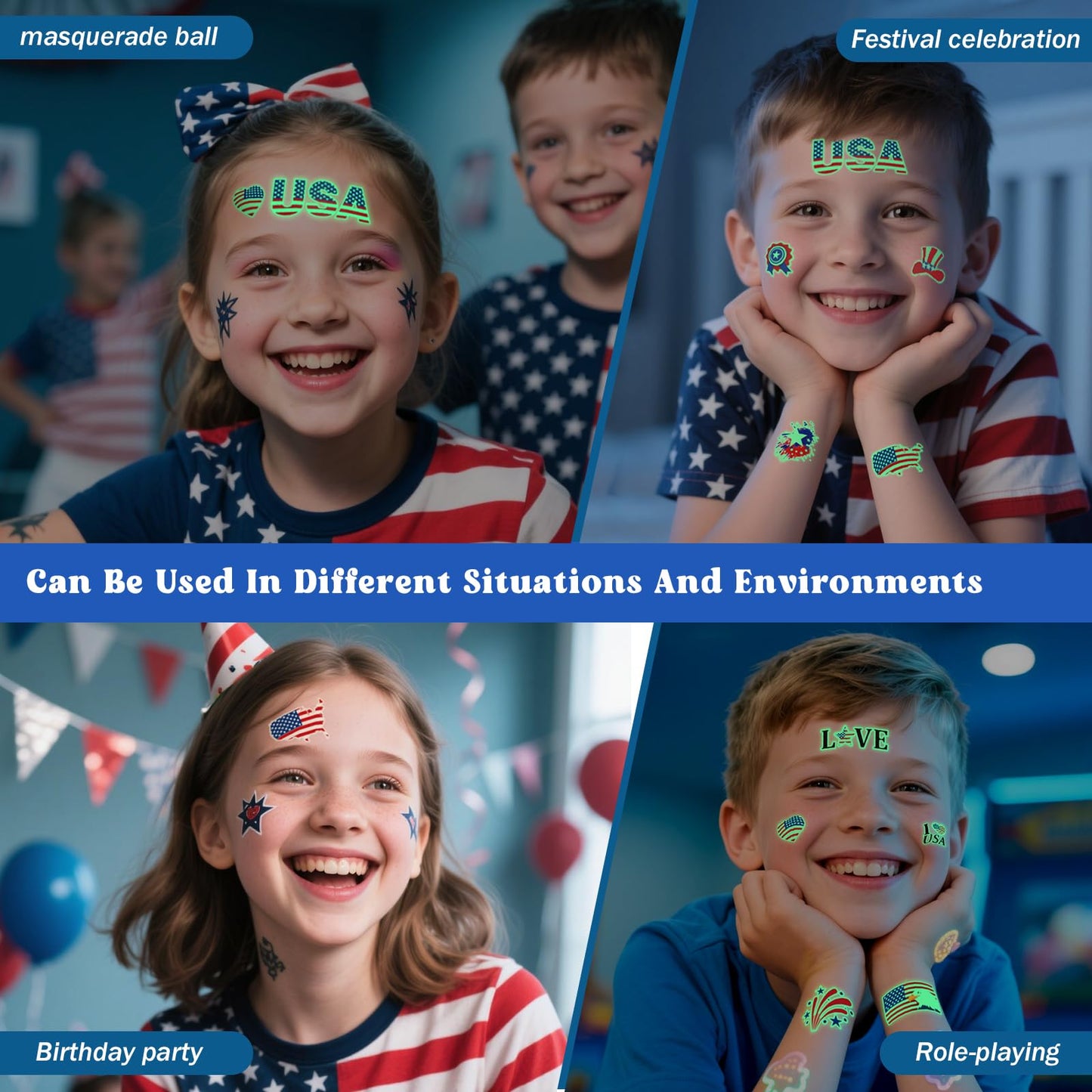 Awinmay 80 Pcs Luminous 4th of July Temporary Tattoos for Kids, American Flag Red White and Blue Decor, Fourth of July, USA Party Favors, Memorial Day, Independence Day, Labor Day Glow Party Supplies