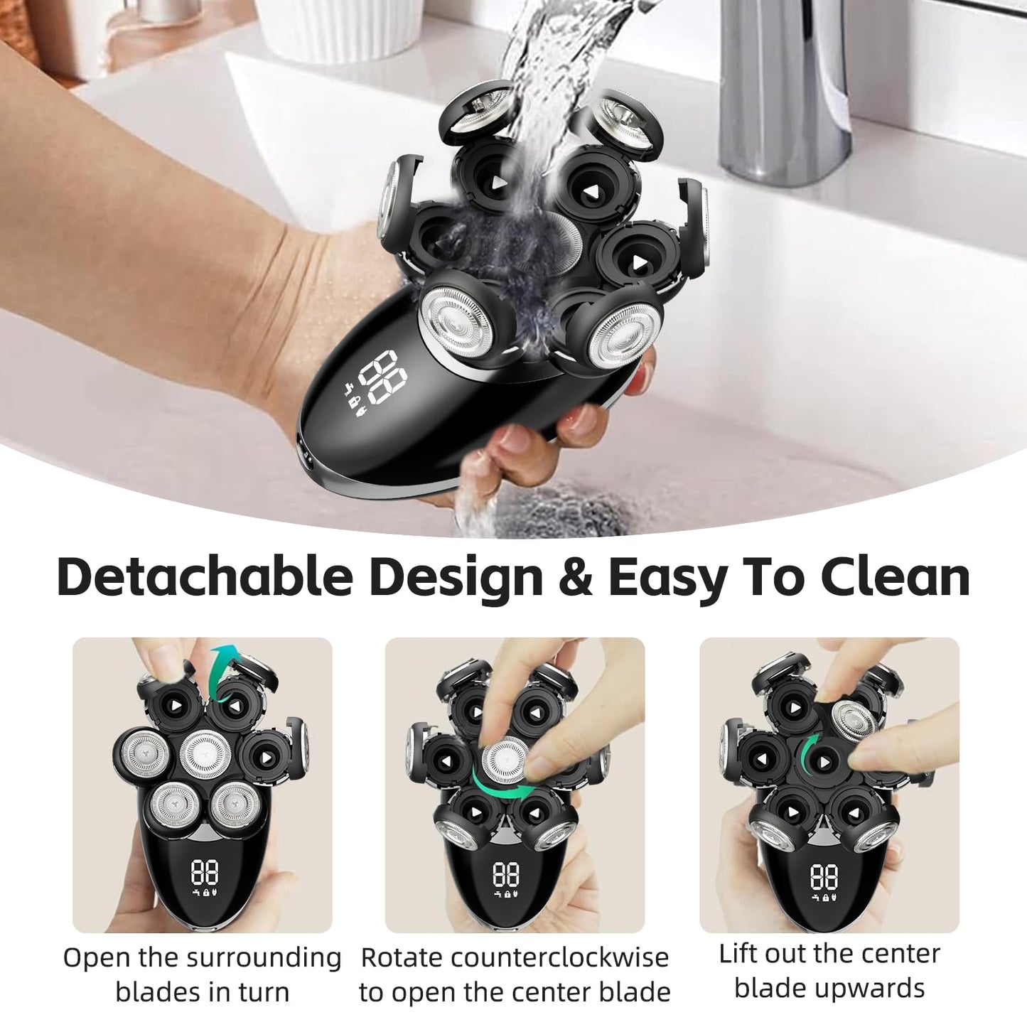 Head Shaver for Bald Men, 7D Electric Rechargeable Wet/Dry Shaving Razor with LED Display, 5-in-1 Grooming Kit Waterproof Bald Head Trimmer, Ideal Gift for Men (Black)