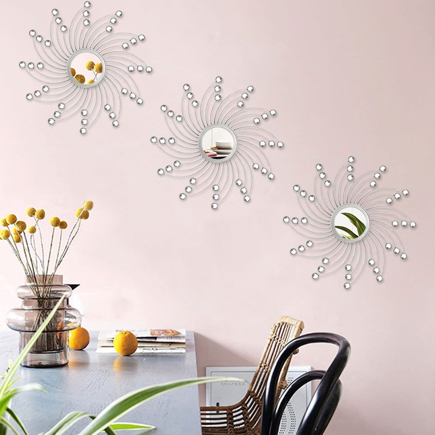 Uaussi 3 Pack Crystal Sunburst Wall Mirror Décor Rhinestone Mirrors Decorative Home Wall Art for Living Room Bedroom Entryway(Curle Burst Silver)