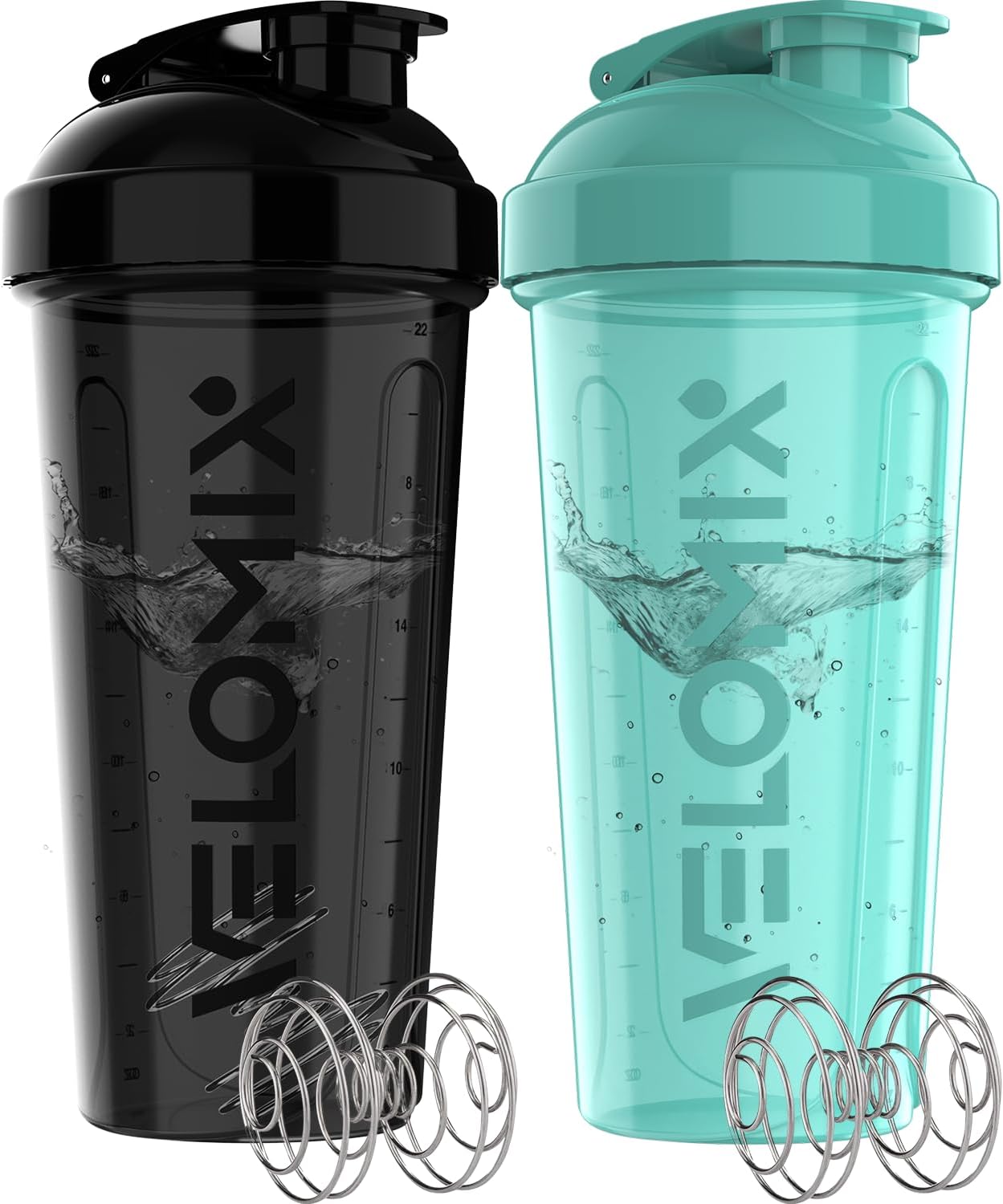 Protein Shaker Bottles - 28 oz Leak Proof Shaker Cups with 2 Wire Whisks | 2-Pack (Black/Transparent)