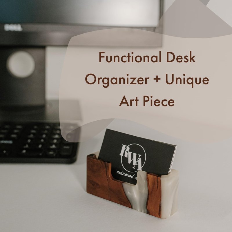 RWA Business Card Holder – Luxury Square Desk Organizer, Stylish Office Decor, Slim Card Holders - Wood & Epoxy Card Display Stand for Men and Women, Office Desk Accessories - SMART, platinum