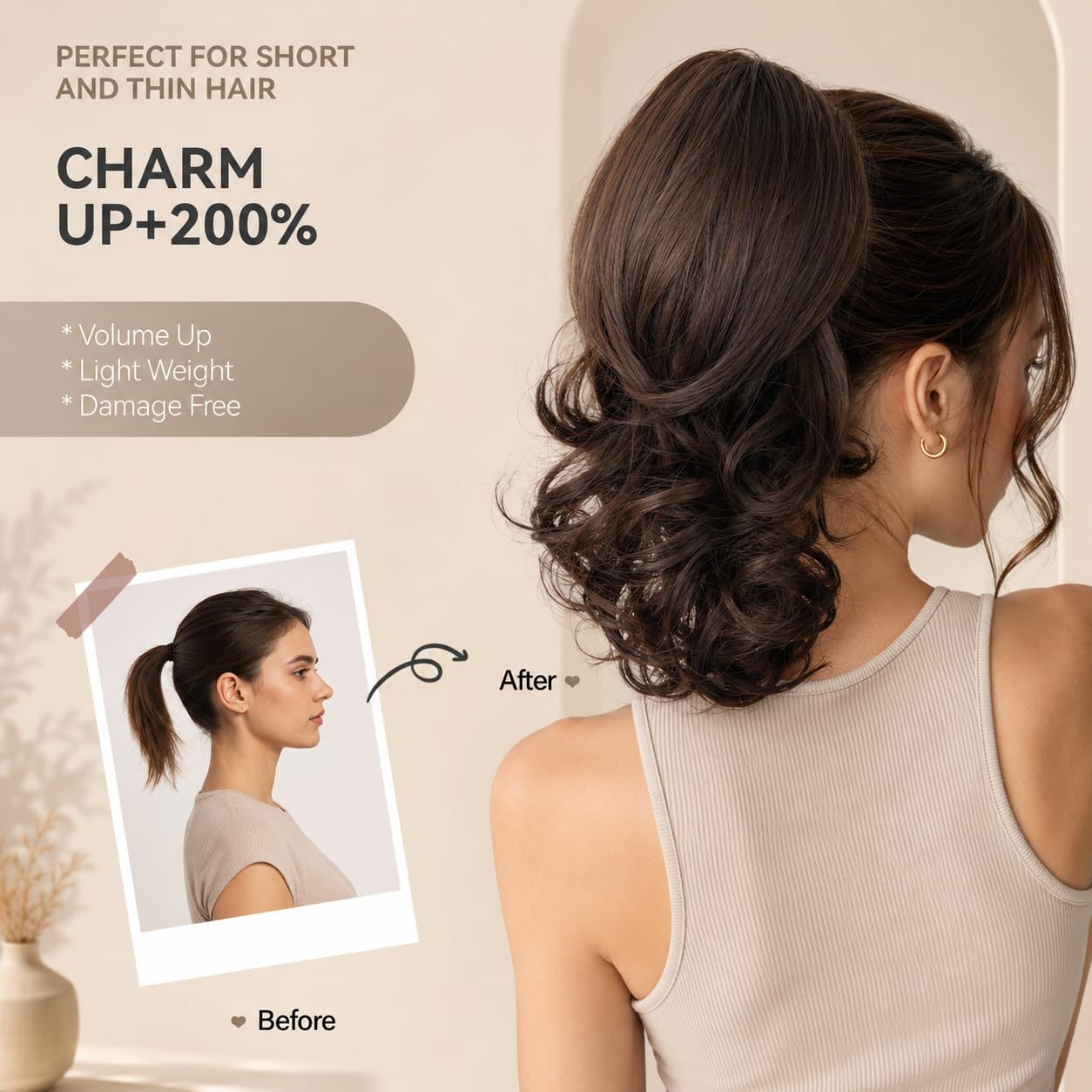 ZQIAN BEAUTY Clip in Ponytail for Women - 14 Inch Curly Ponytail Extension, Wavy Pony Tails Hair Extensions, Synthetic Hair Extensions Ponytail, Natural Hair Pieces for Women (Color: Brown)