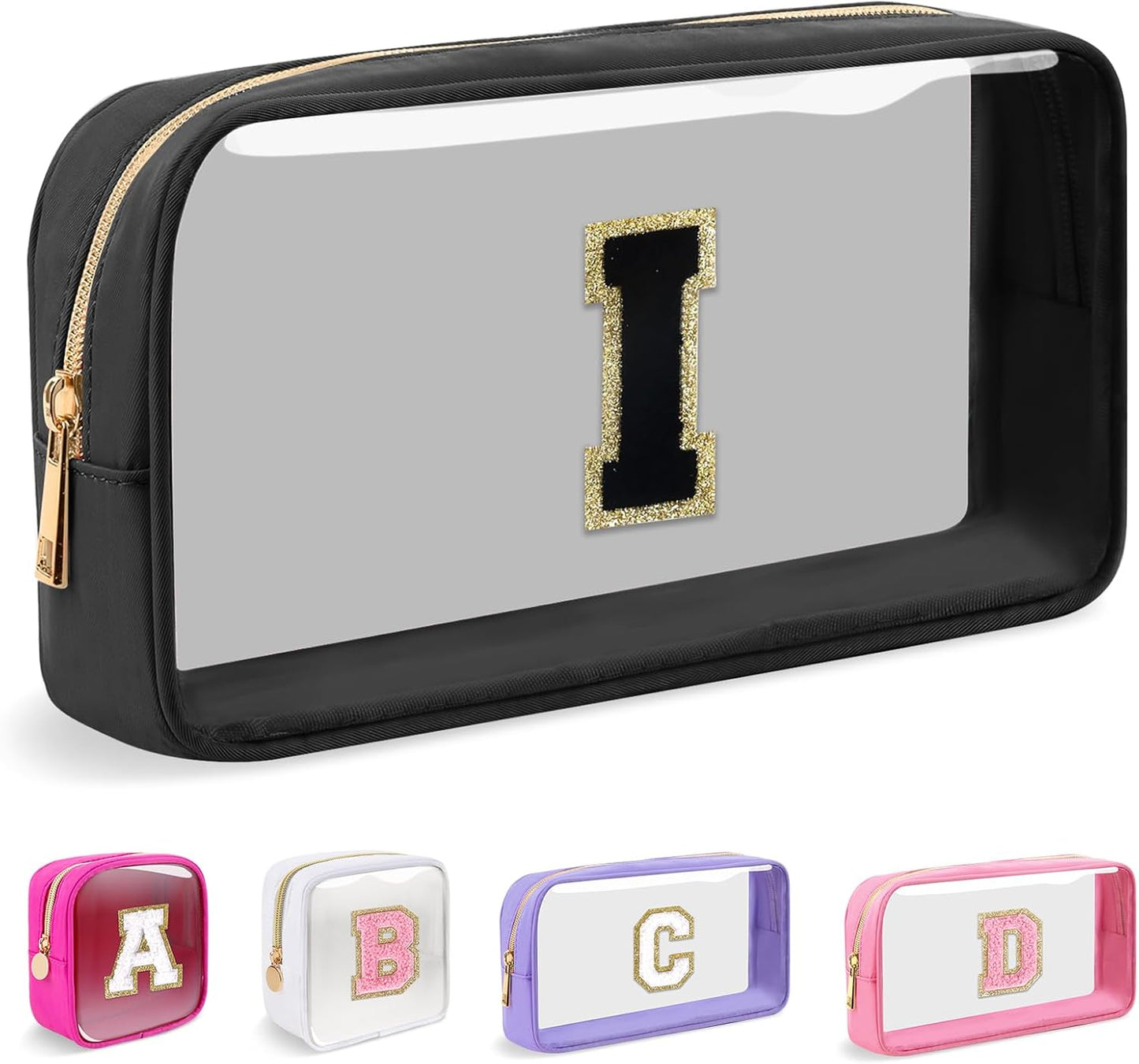 Personalized Initial Makeup Bag - Waterproof Nylon Cosmetic Pouch | A-Z Chenille Letter Patch, White-Pink G