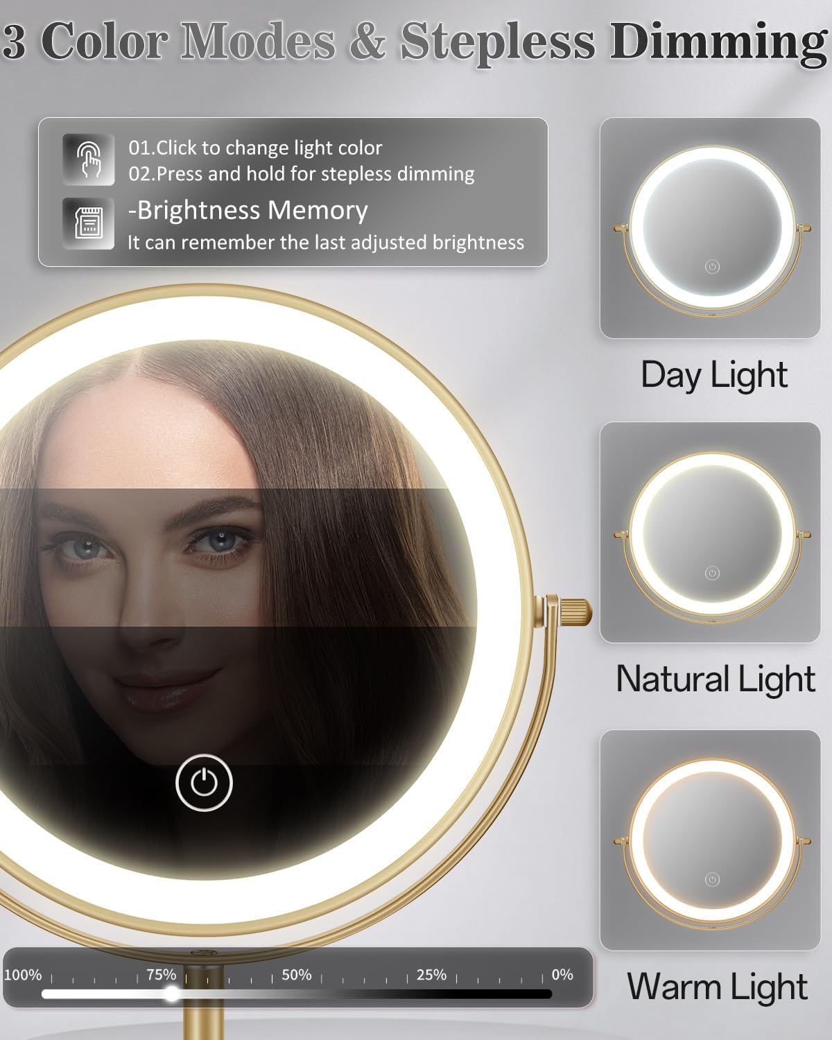 Lighted Makeup Mirror with Adjustable Height - 1X/30X Magnifying Double-Sided Vanity Mirror | 3000mAh Rechargeable, 3 LED Lighting Options for Women