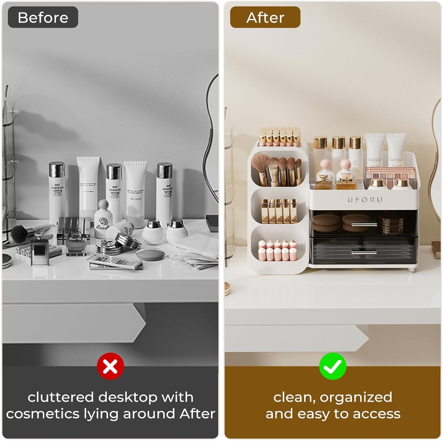 Makeup Organizer for Vanity - Large Capacity Skincare & Cosmetic Display Case with 2 Drawers | Brush Holder & Perfume Storage