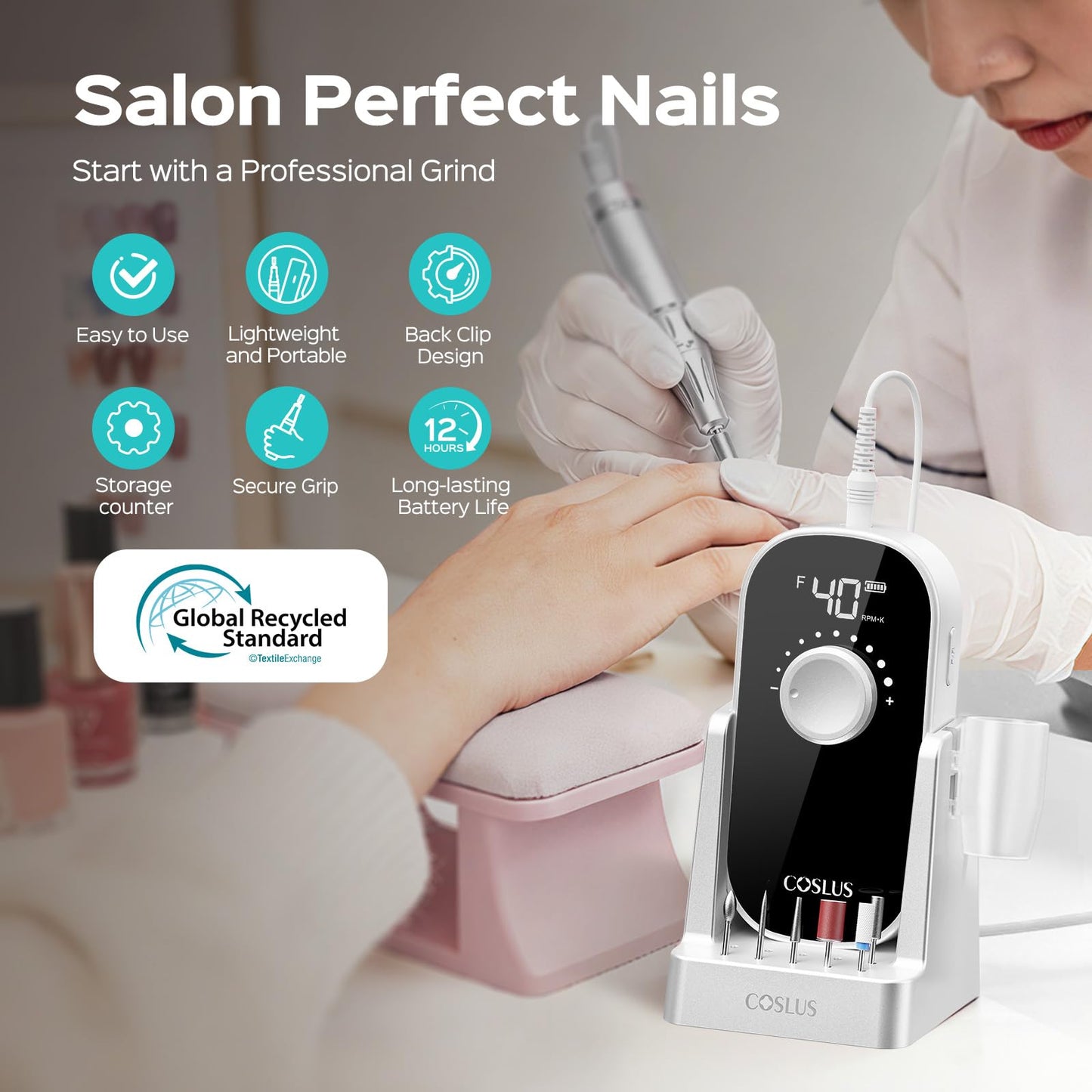 COSLUS E51 Electric Nail Drill Professional: Rechargeable Nail File with Stand for All Manicure Shaping & Gel Removal, Entry-Level Easy, 40000RPM E-File for Nail Art Practice, Home DIY and Salon White