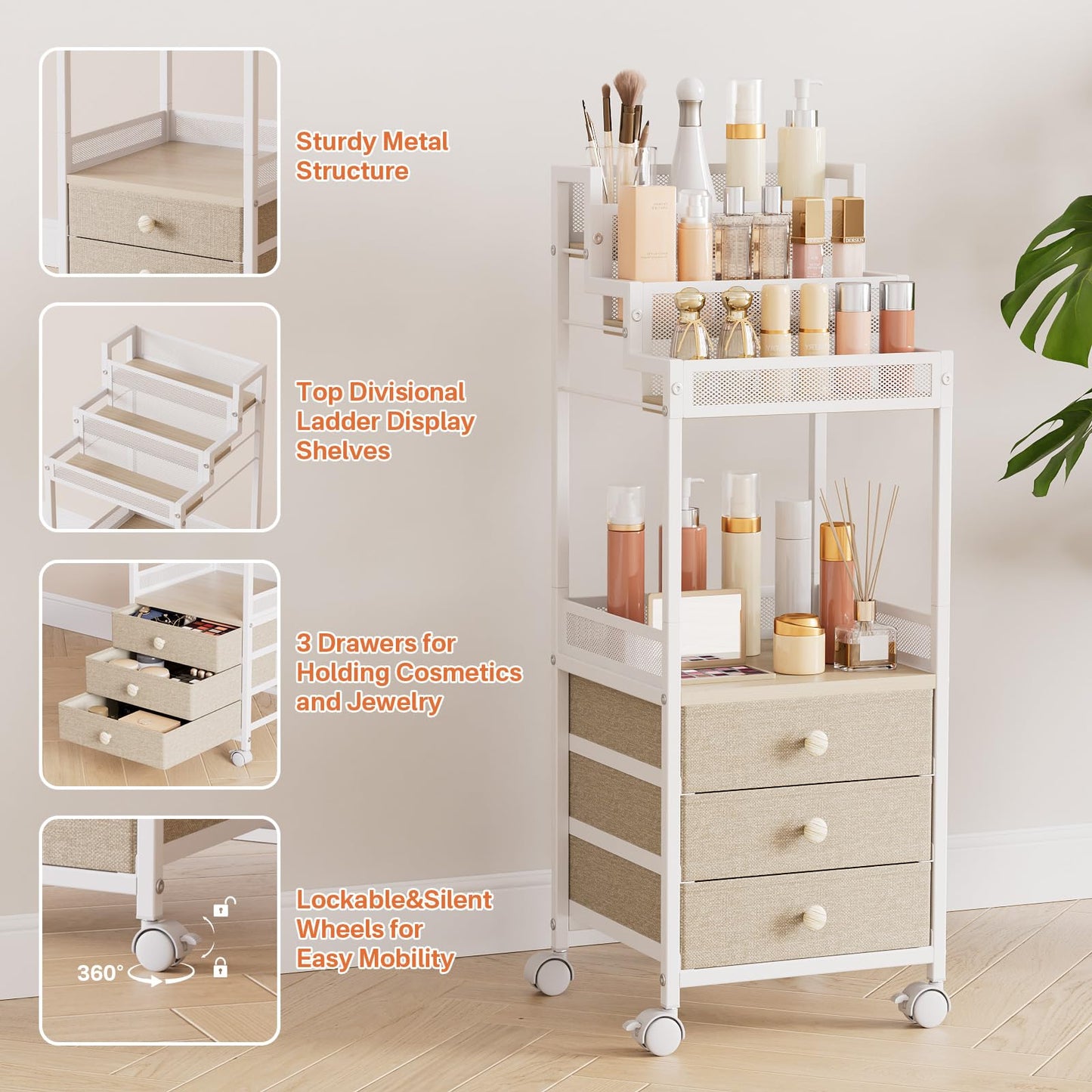 FURFUN Makeup Organizer Storage with Drawers for Bathroom and Vanity 13in