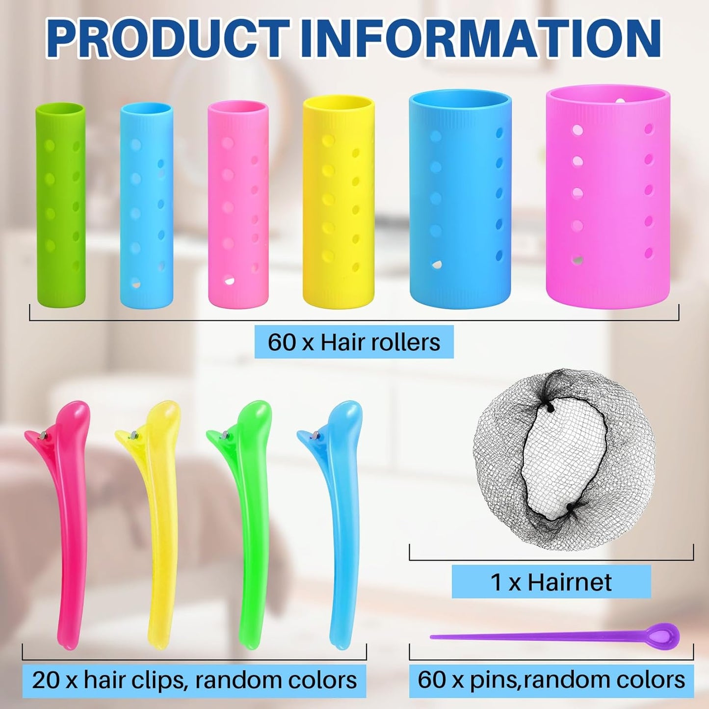 Hair Rollers Set - 60 Plastic Rollers with 60 Pins & 20 Duck Clips | DIY Curling Tools for Men & Women