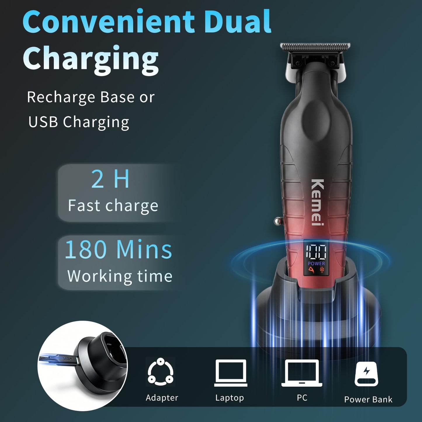 KEMEI Hair/Beard Trimmer for Men, Cordless Professional Hair Clippers for Hair Cutting with LED Display, T-Blade Barber Clippers with Charging Base, KM-PG2499 Black