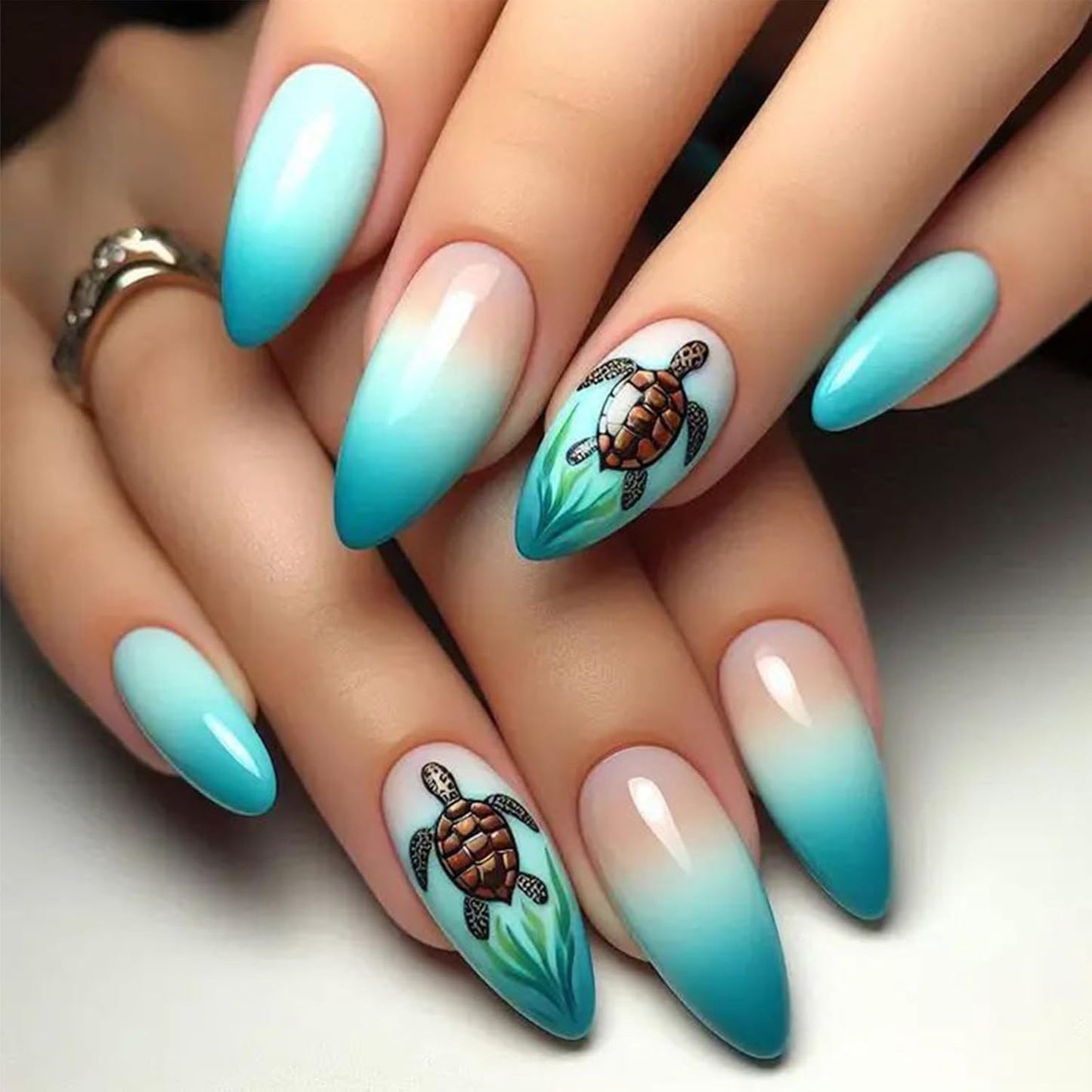 Almond Press-On Nails - Pink Coconut Tree Designs | Glossy Glitter Acrylic, 24 Pcs Reusable for Beach Vacation & Daily Wear