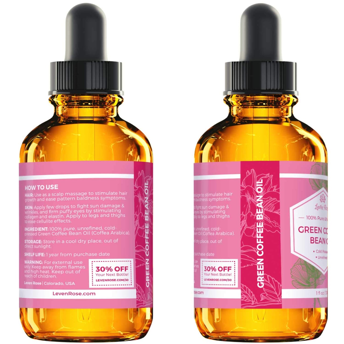 Green Coffee Bean Oil - 100% Natural Cold Pressed Unrefined Oil for Eyes, Face, Nails & Hair - 1 oz Bottle