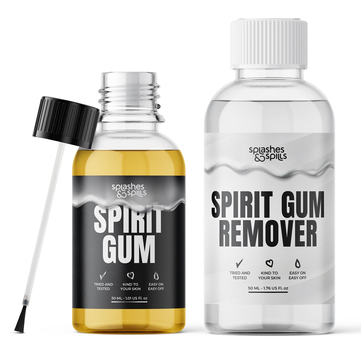 Professional Grade Spirit Gum Adhesive and Remover - SFX Skin Glue Adhesives for Halloween, Cosplay - Vegan Friendly Formulas for Show-Stopping Looks - 30ml and 50ml - Splashes & Spills