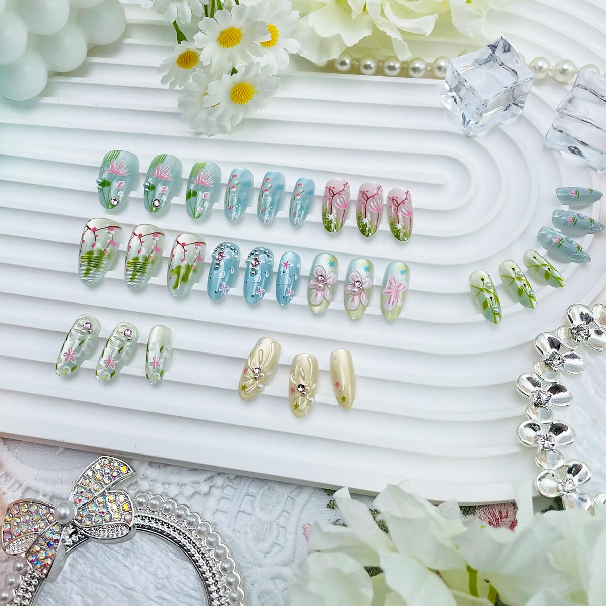 Medium Almond Press-On Nails - Floral 3D Design with Pearl Rhinestones | Blue & Pink Glossy Reusable 30 Pcs