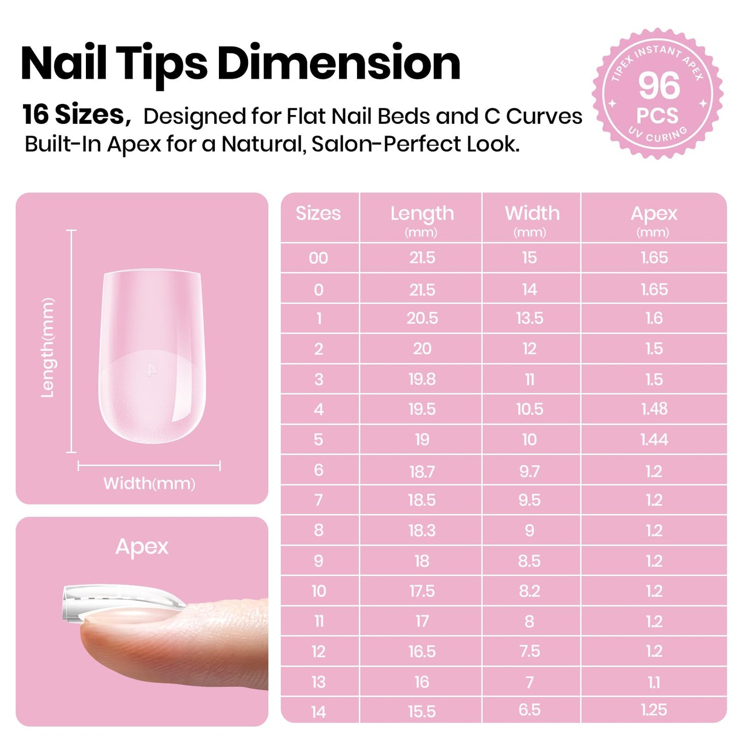 Beetles Tipex Lite Instant Apex Nail Tips, Short Square, No Builder Gel Needed, 16 Sizes 00-14 for DIY Salon-look Extensions