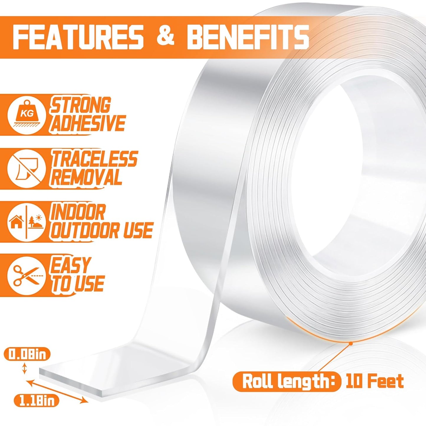 Heavy Duty Double Sided Tape - 1.18 in x 10 FT Clear Mounting Tape | Removable, No Residue for Indoor & Outdoor Use