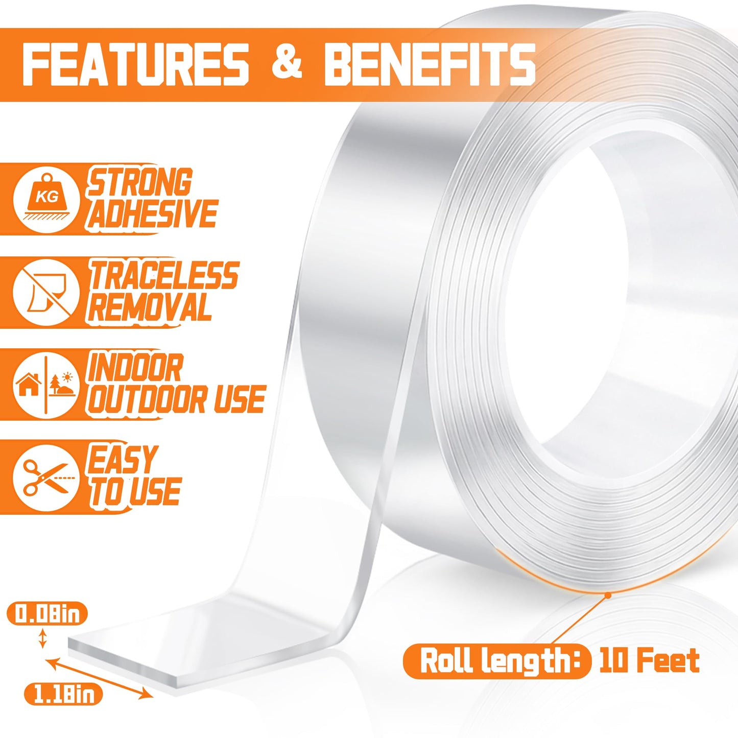 Jofuler Double Sided Tape Heavy Duty, 1.18 in x 10 FT Clear Double Sided Mounting Tape, Removable and No Residue for Indoor and Outdoor Use, Picture Frames and Home Decor