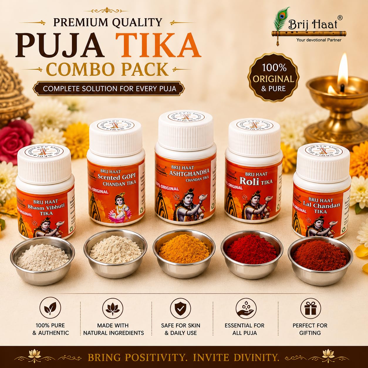 BRIJ HAAT 5pc Premium Quality Chandan Powder Tilak Set, Lal Chandan, Gopi Chandan, Astghandha Chandan, Bhasm Vibhut Tika, Roli Tika, Pack of 5