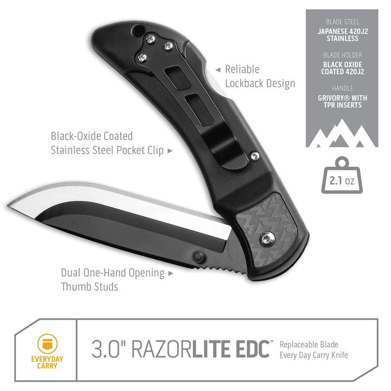 OUTDOOR EDGE 3.0" RazorLite EDC - Replaceable Blade EDC Folding Knife with Pocket Clip and One Hand Opening for Everyday Carry (Gray, 4 Blades)
