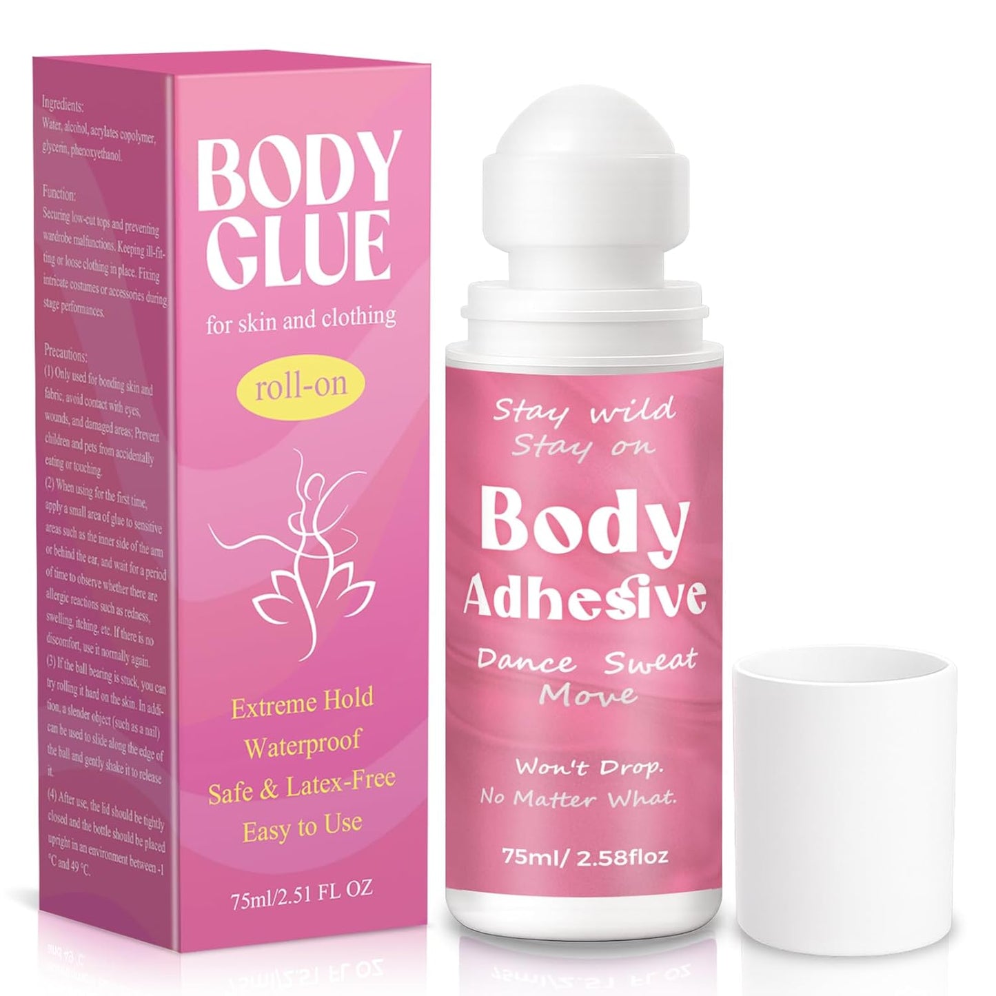 Body Adhesive Glue for Clothing & Skin - Sweat Resistant, Washable 2.58 Oz Roll-On | Fabric-Safe for Dancers, Leotards, Costumes