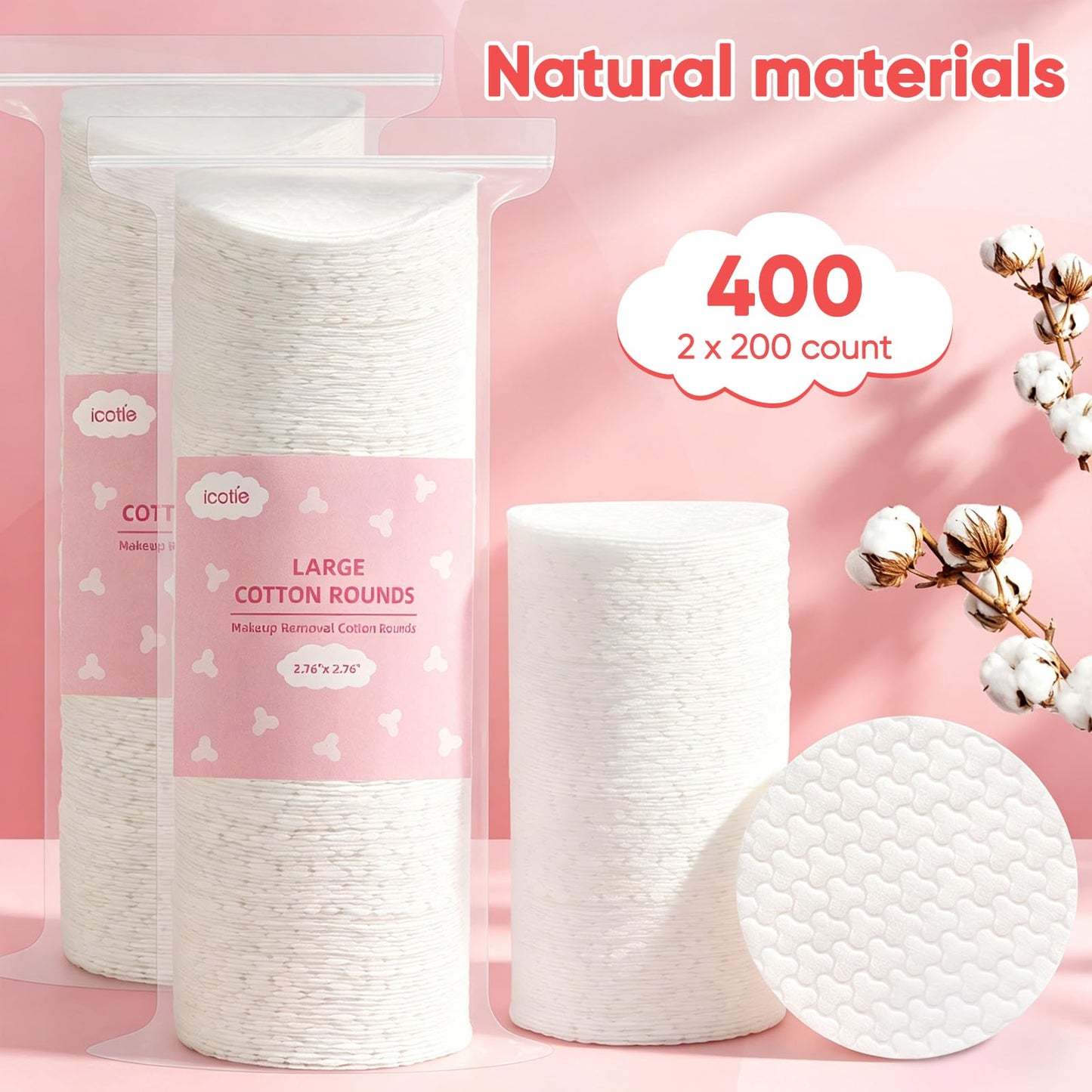 ICOTLE Large Cotton Rounds (400 Count), 100% Pure Cotton Pads, Clover Textured Design, Soft and Lint-Free, for Removing Makeup, Nail Polish, and Cleansing Face