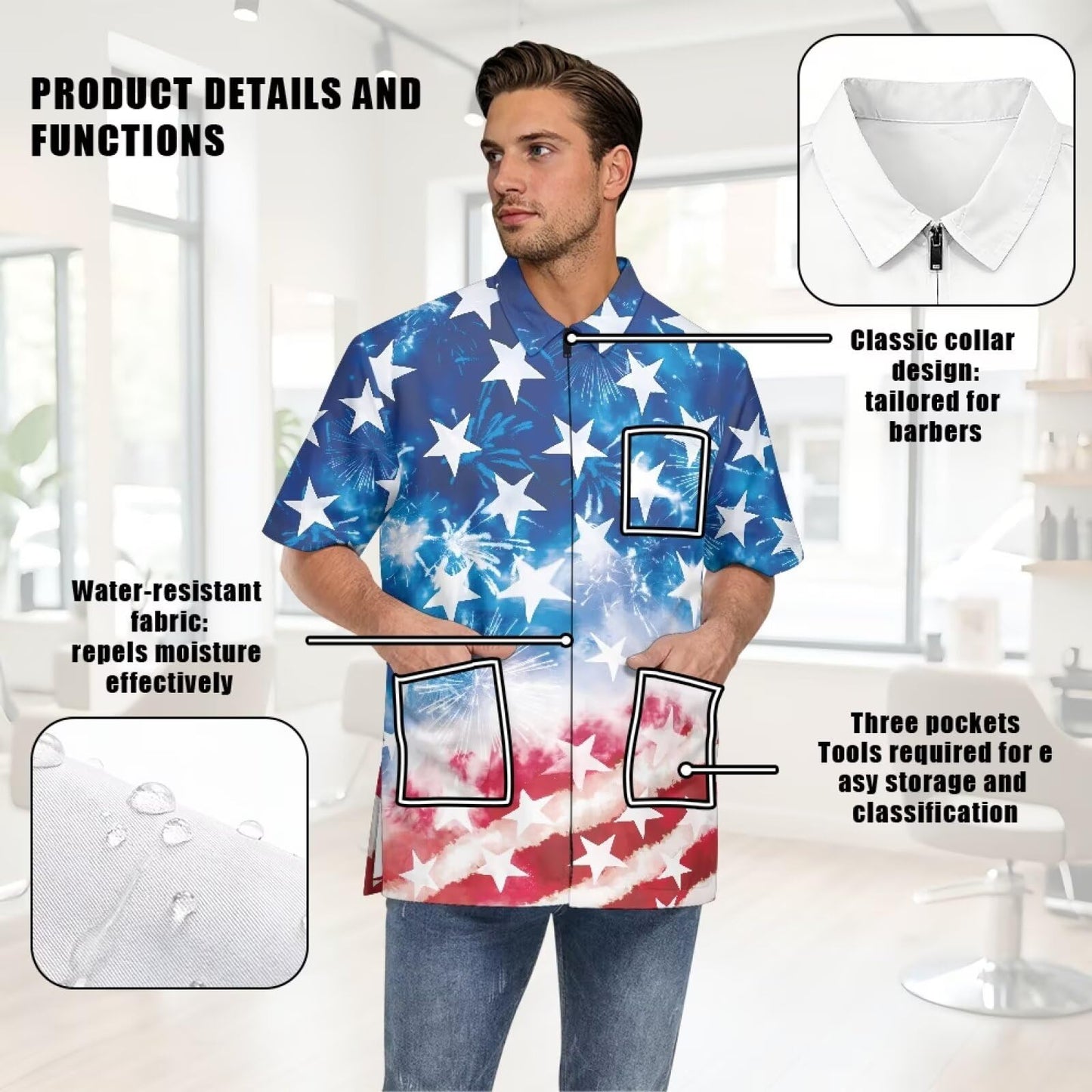 Srengjodk Blue Waterproof Smock For Barber, Hair Stylist Apron 3 Pockets Hairdresser Apron, Capes For Hairstylist America Flag Print Cosmetology Apron Grooming Smock L XL