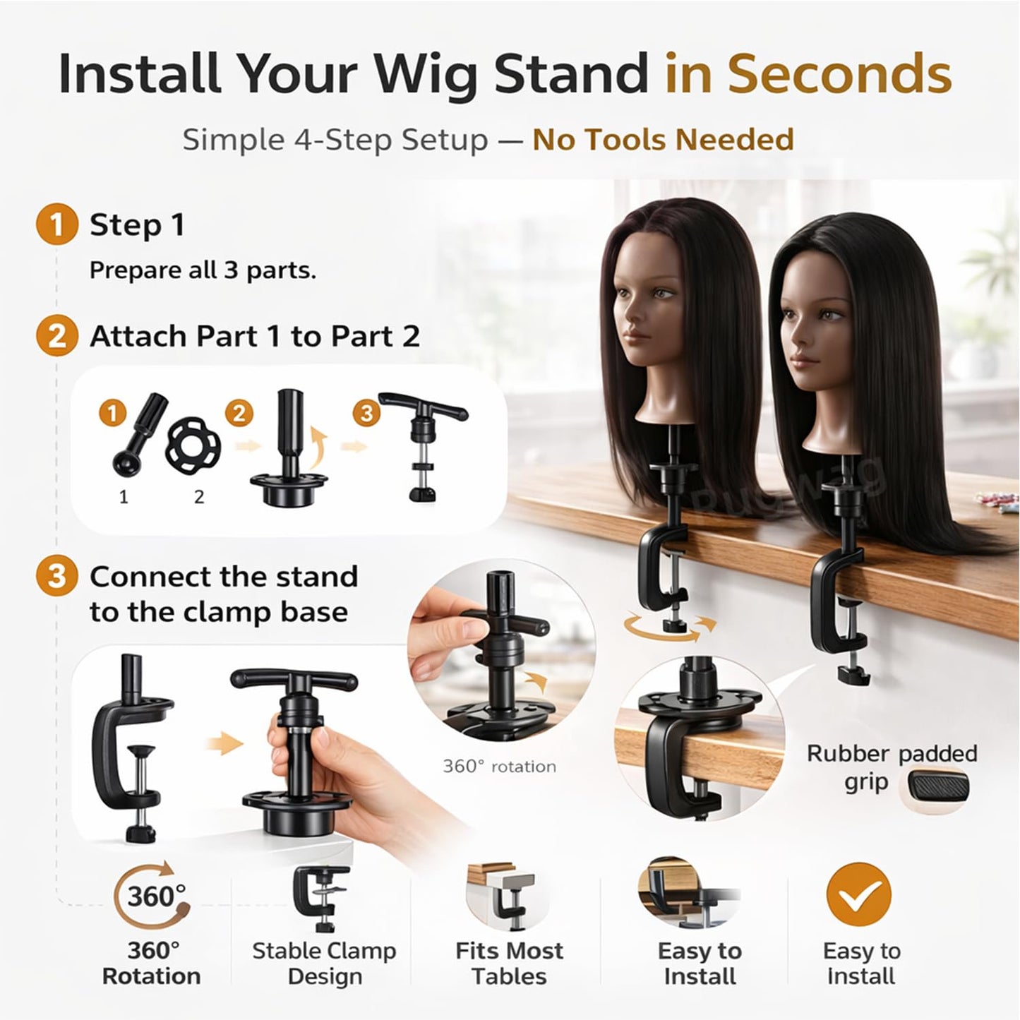 Mannequin Head Human Hair 16 Inch, 100% Real Human Hair Cosmetology Mannequin Head with Clamp Stand, Professional Hair Manikin Doll Head for Braiding, Styling & Hairdresser Training (Black-16inch)