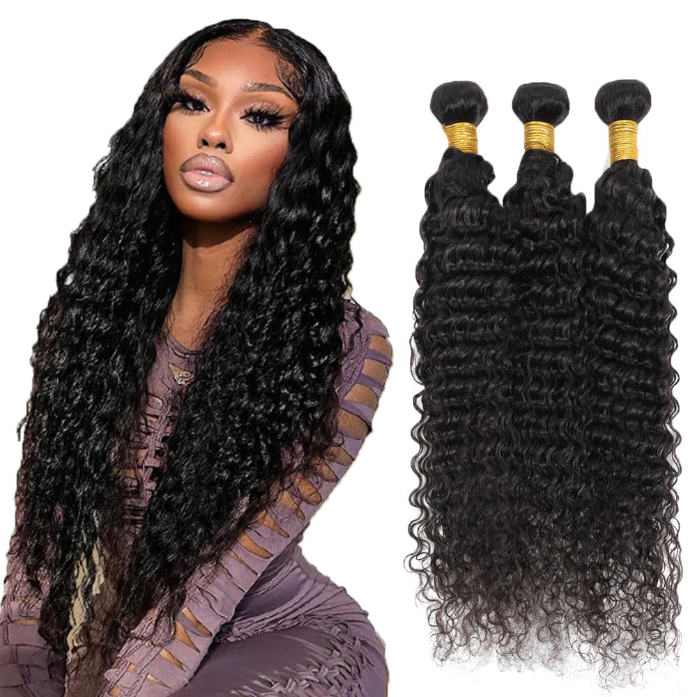 Human Hair Bundles #1B Natural Color Deep Wave Bundles 18 18 18 Inch Unprocessed Brazilian Virgin Hair 3 Bundle 50 Gram Per Bundle Deals Quick Weave Hair Extensions