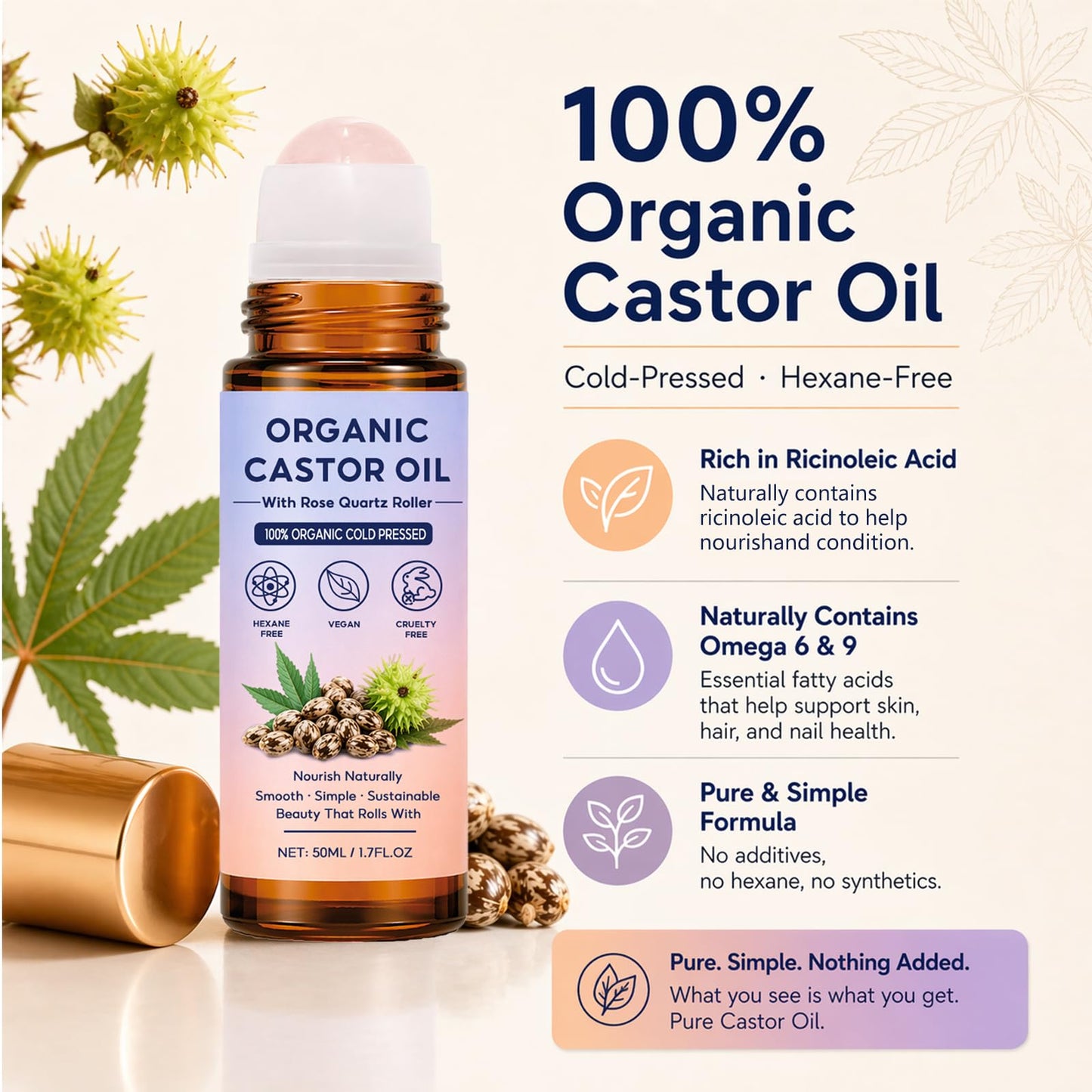 Organic Castor Oil Roll On, 100% Pure Cold Pressed Castor Oil, Hexane-Free Roll-On Applicator for Face, Body, Hair, Brows, Lashes, Scalp Massage & Skin Moisturizing Care (1)