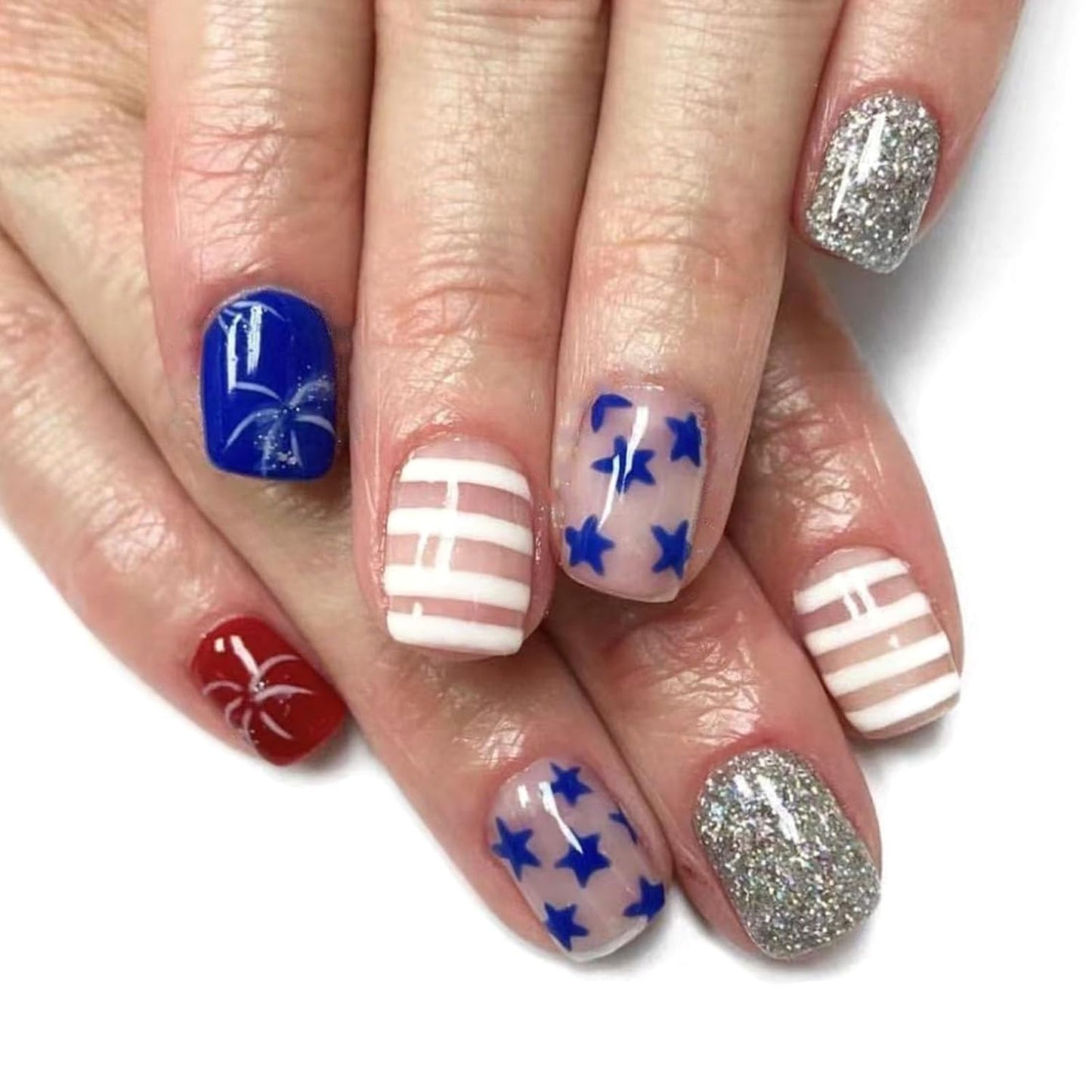 Press On Nails - Short Oval French Tip Design | Glossy Pink with Stars & American Flag - 24 Pcs