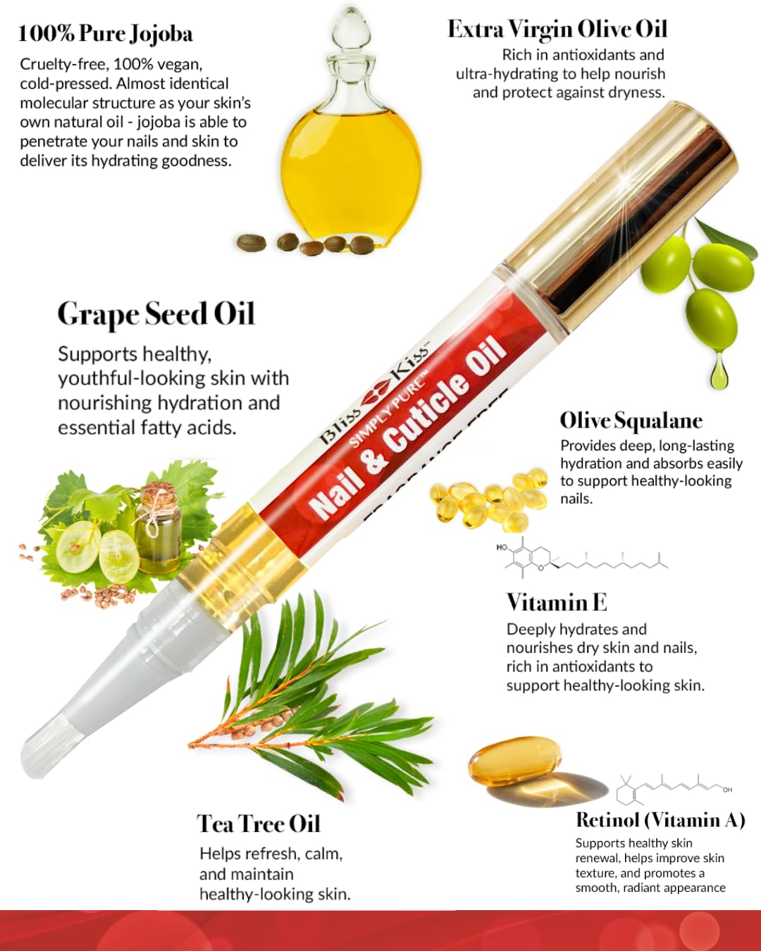 Bliss Kiss Fragrance Free Nail Oil Cuticle Pen with Vitamin E & Jojoba - Nail Strengthener Nail Growth Serum for Brittle Peeling Breaking Thin Nails