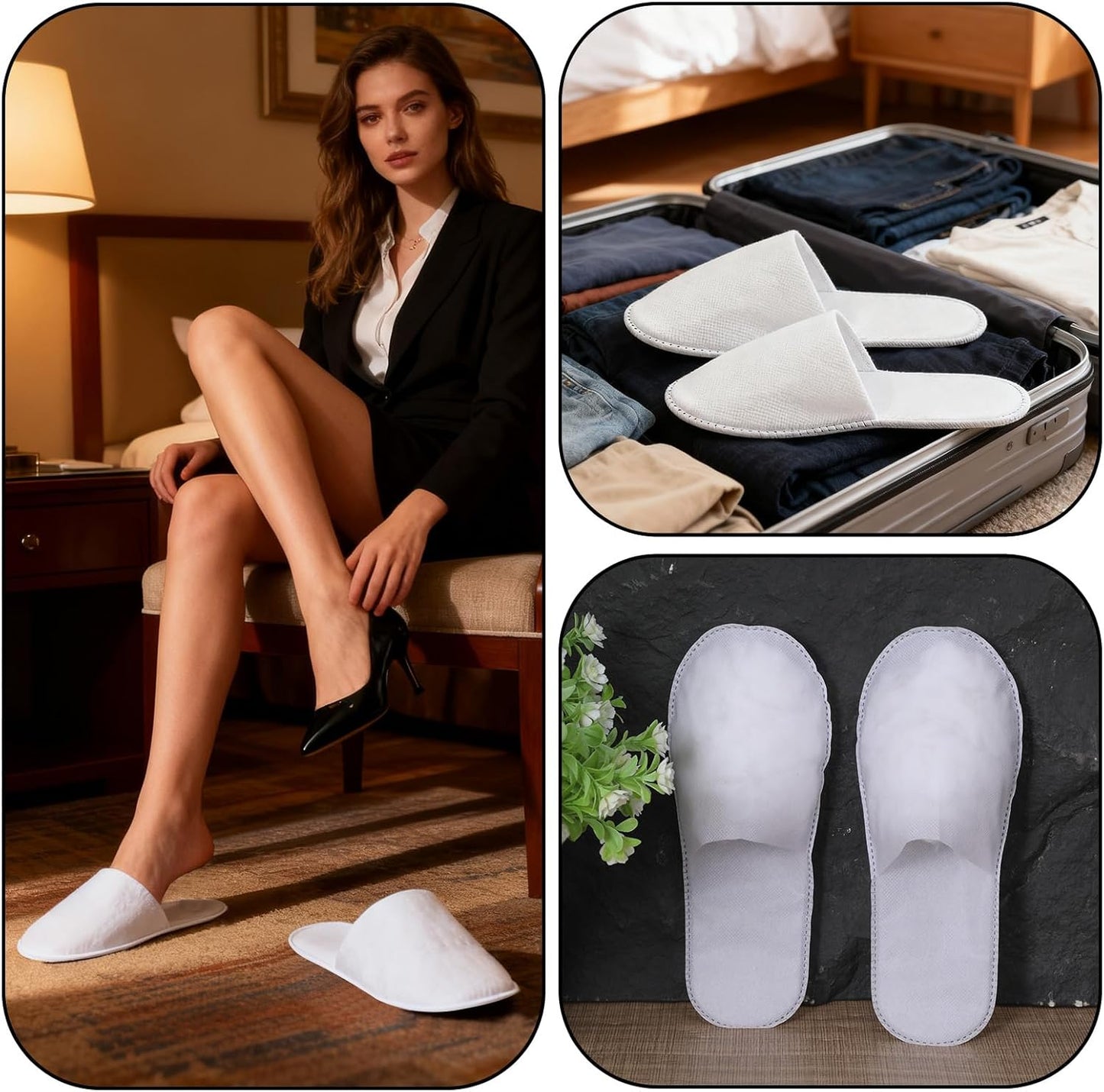 Disposable Guest Slippers - Non-Slip Travel Slippers for Hotel & Spa | 3 Pairs, Unisex White