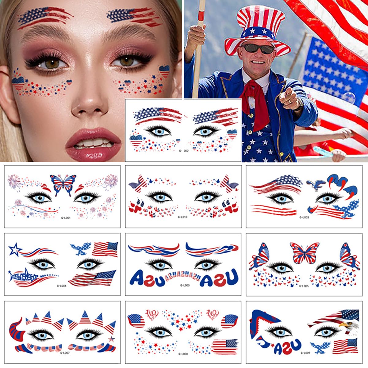 4th of July Face Tattoo Stickers for Adults, 10 Sheets Independence Day Temporary Tattoos, USA Flag Red White Blue Patriotic Party Supplies, Fake Tattoos for Face Makeup Eye Decor
