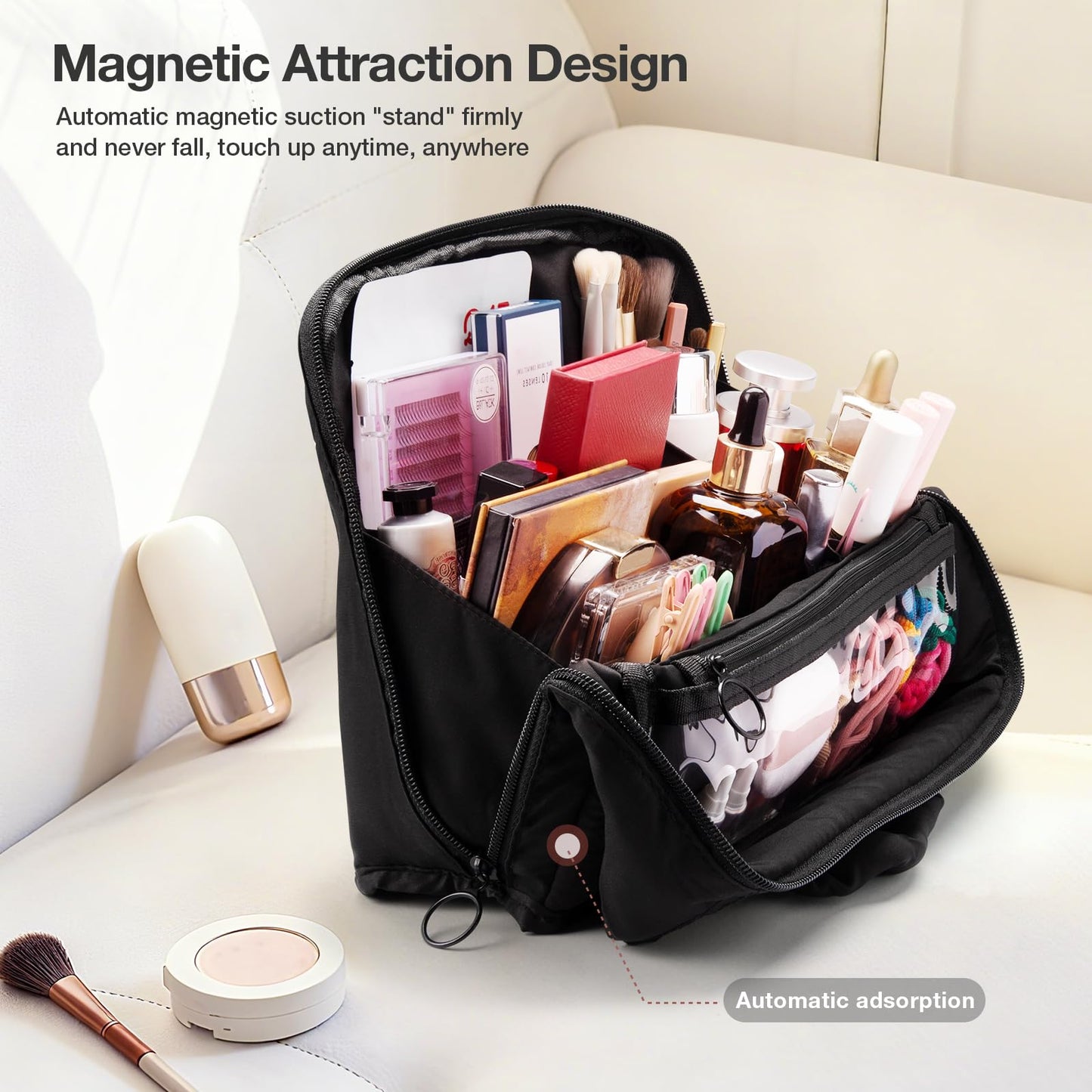 Abiudeng Standing Travel Makeup Bag Stand up Make up Bag Travel Toiletry Bag with Multiple Compartments Large Capacity for Women Business Trips Fitness and Daily Commutes (Black)