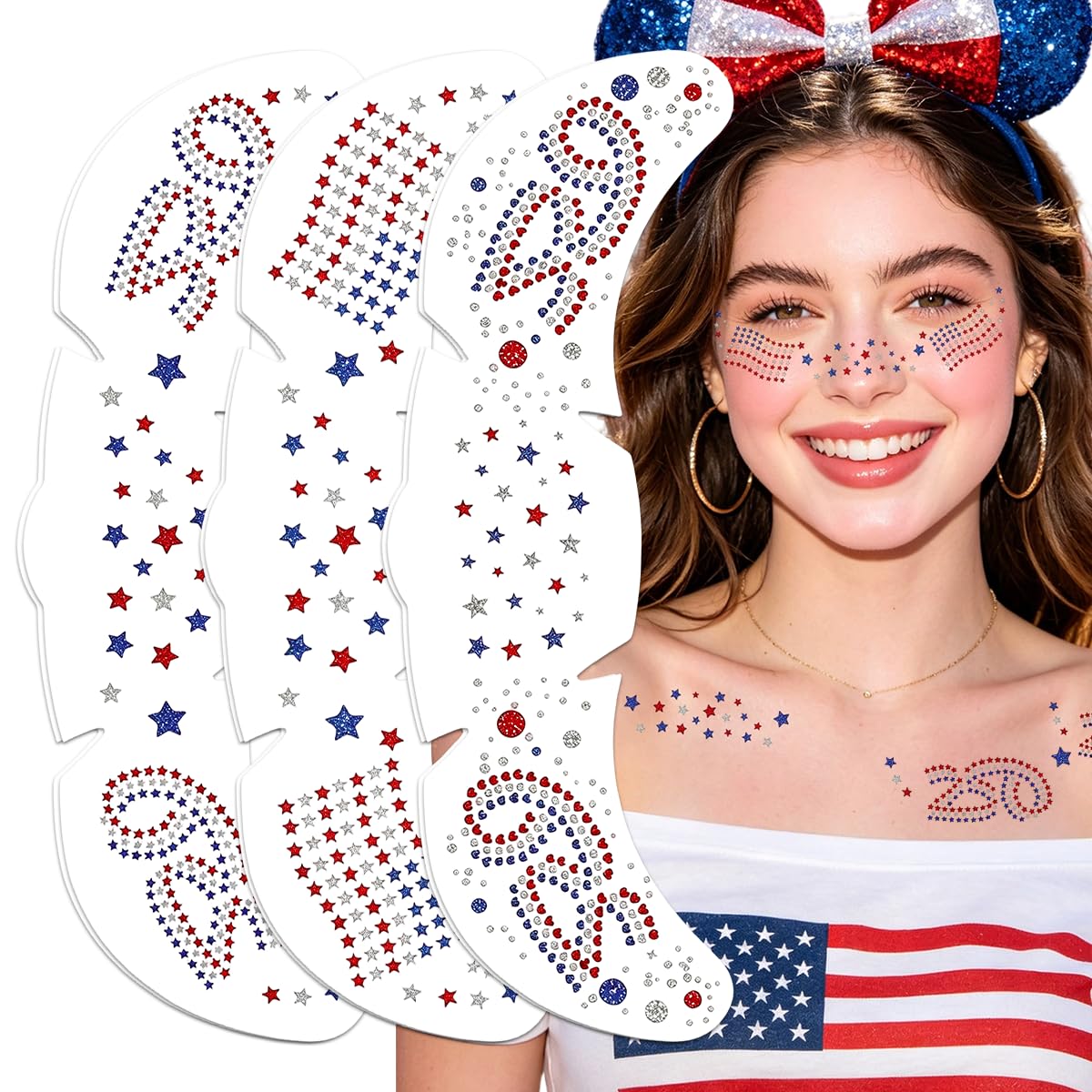 Mysense Waterproof 4th of July Temporary Tattoos - Red, White & Blue Glitter Face Stickers | Easy Application, 6 Sheets