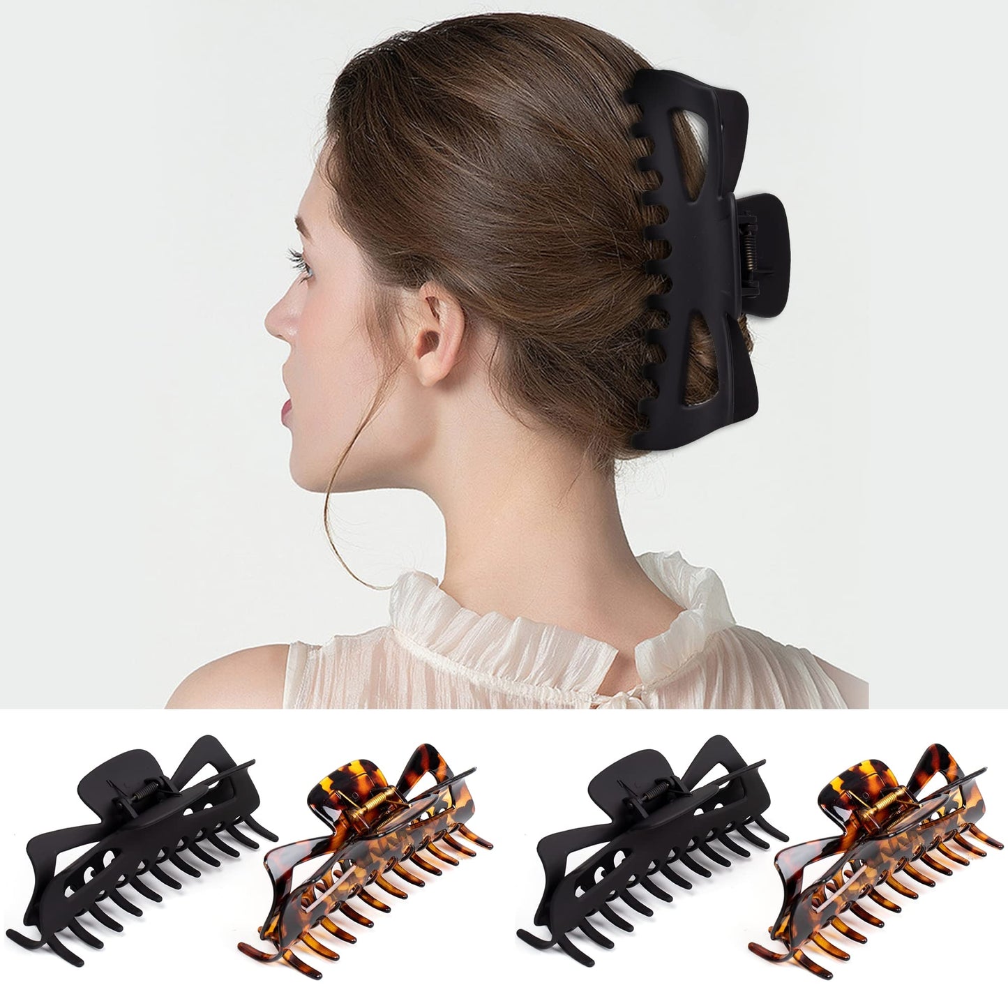 Antmoilios Extra Large Claw Clips for Thick Hair, 6.4 Inch Strong Hold Matte Jumbo Accessories for Women Long Curly Hair Cute Nonslip Big Jaw Clip French Giant Hair Clip 4 Pack (Black, Brown leopard)
