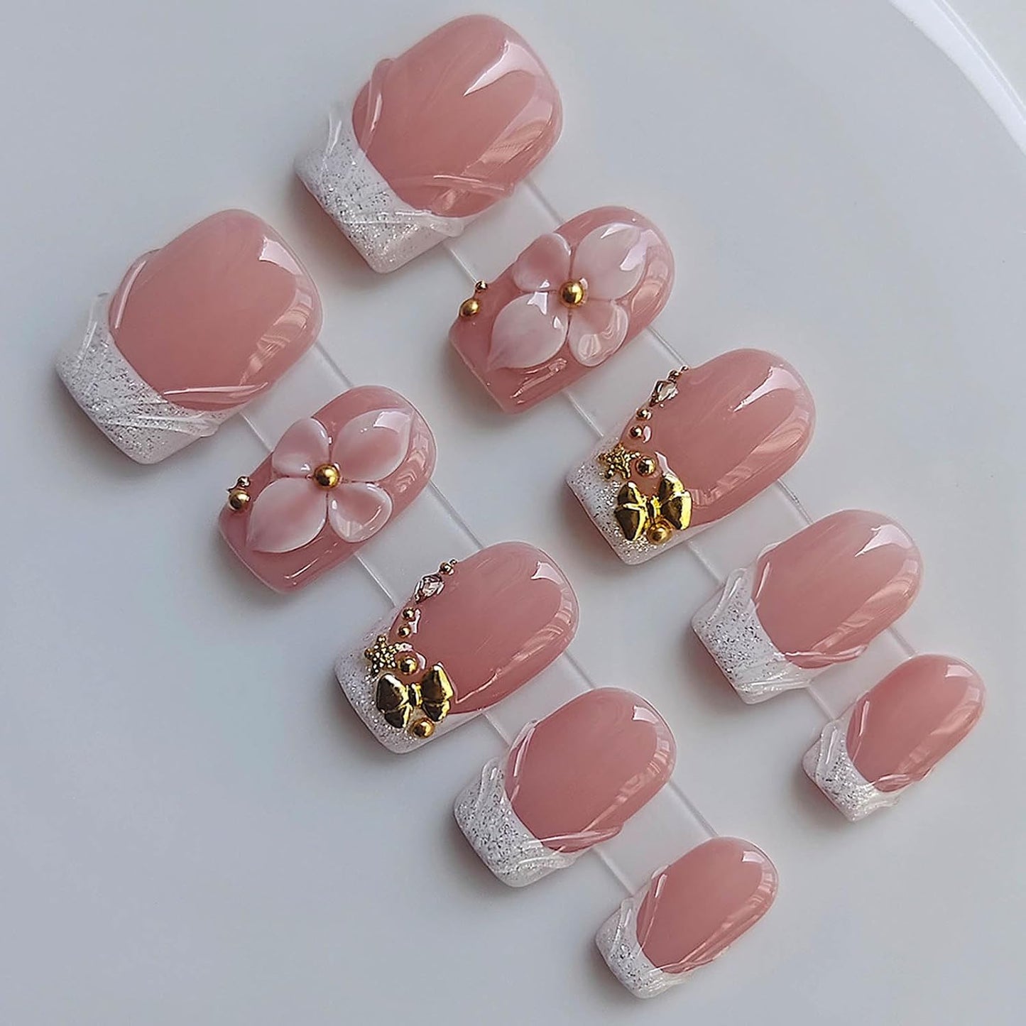 Pink Press On Nails - Handmade Short Square Style | M Size Daily Wear Y2K Cute French Design with Polka Dot & 3D Flowers - 10 Pcs