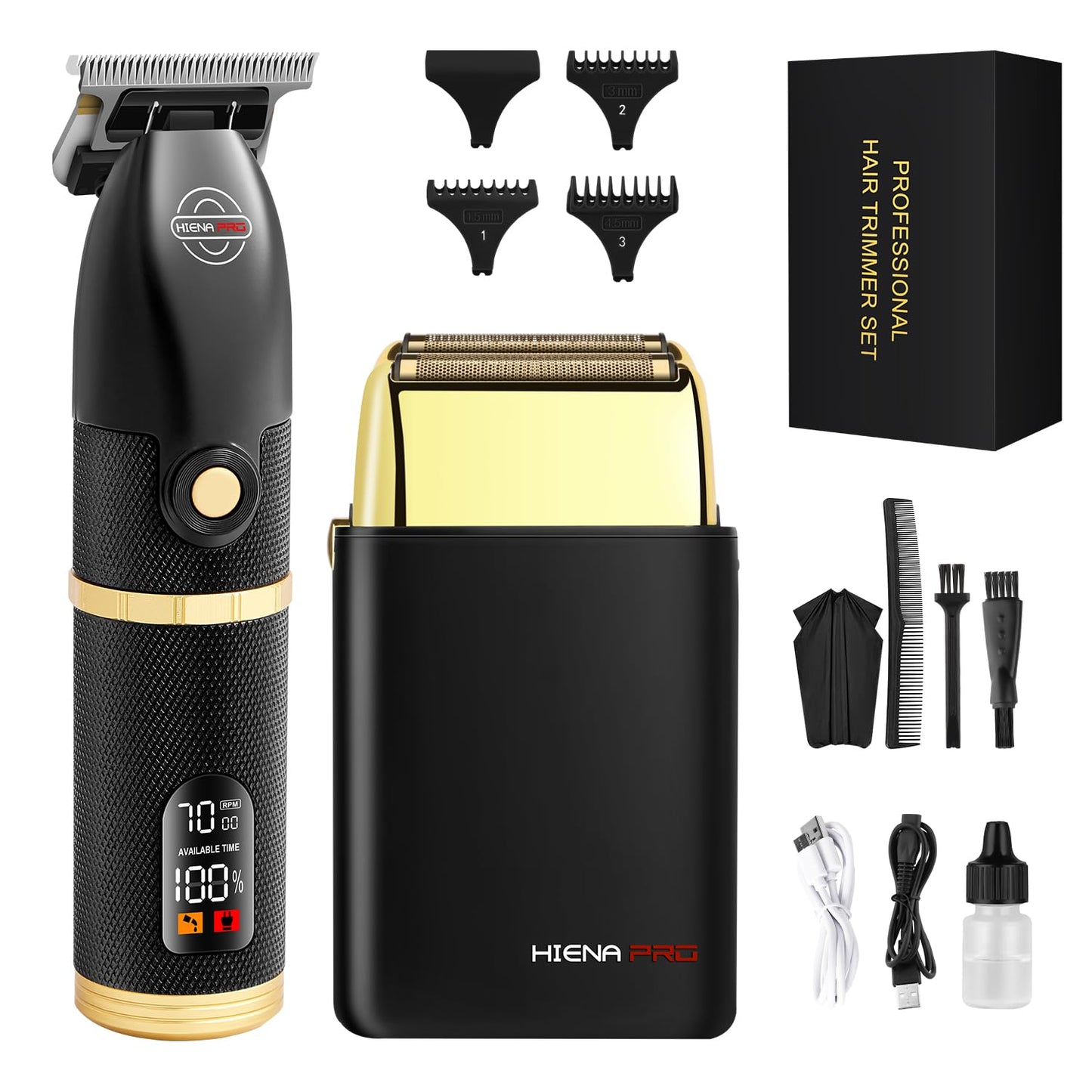 HIENA PRO Hair Trimmers and Foil Shaver for Men Kit,Men Professional Cordless Barbers Hair Clippers with LCD Display,Black Gold Zero Gapped Hair Trimmer, Double Foil Shaver