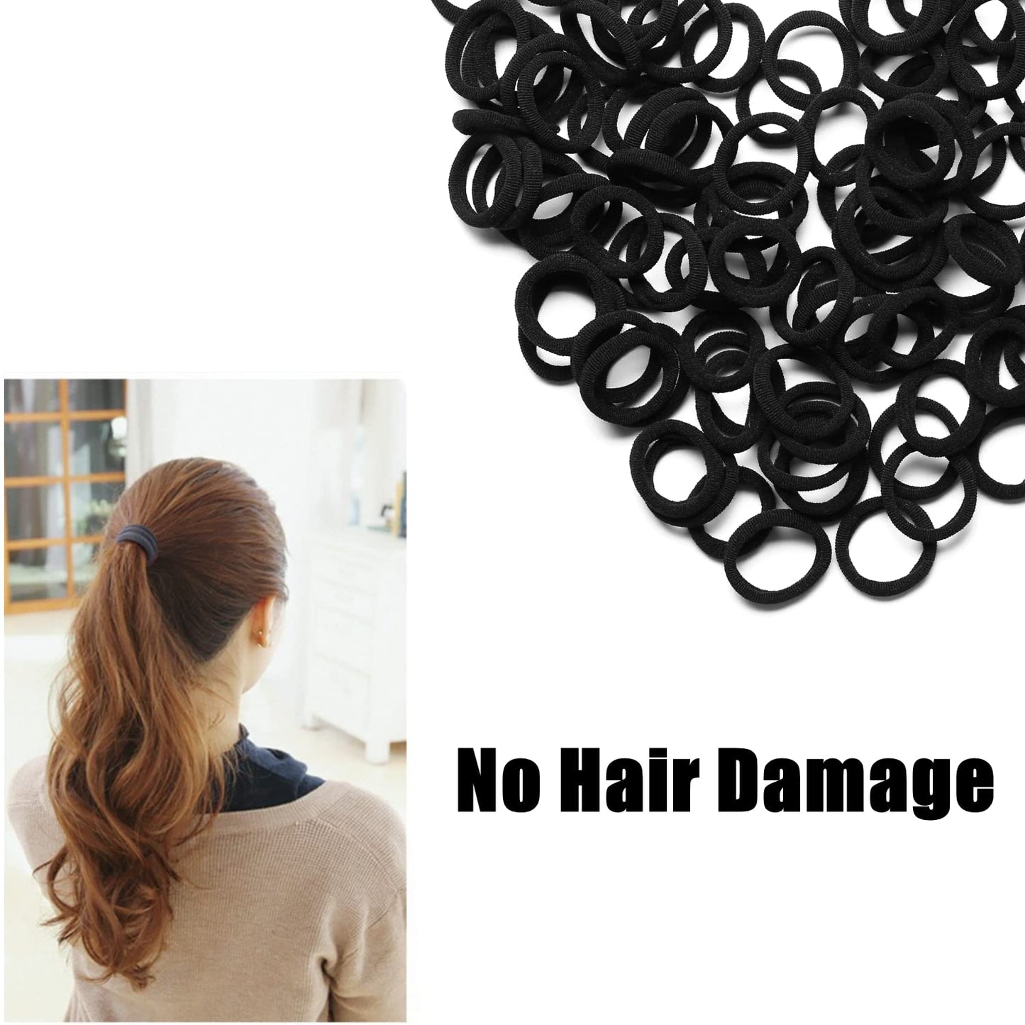 Mini Hair Ties - 100 Pcs Seamless Black Soft Elastics | No Damage Ponytail Holders