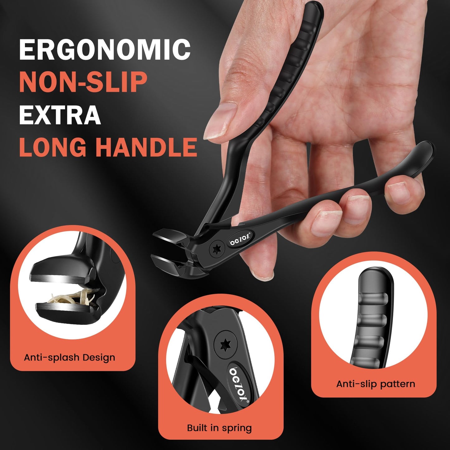 BEZOX Toenail Clippers for Seniors – Upgraded Long Handled Curved Head Toe Nail Clippers for Thick Nails for Elderly - Black