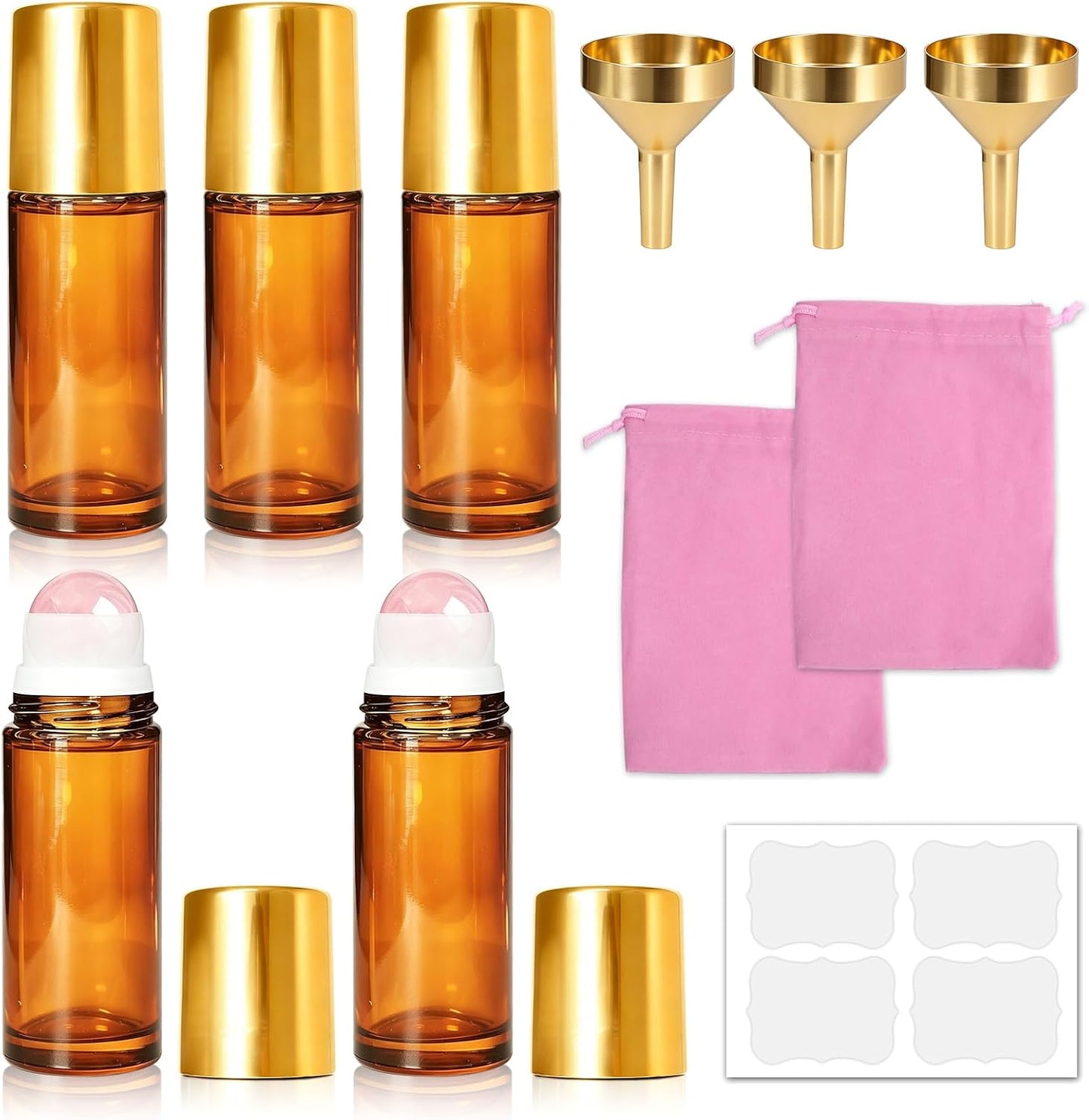 Rose Quartz Roller Bottle - 1oz Refillable Amber Glass for Essential Oils & Skincare | Leak-Proof with Gold Cap & Storage Bag