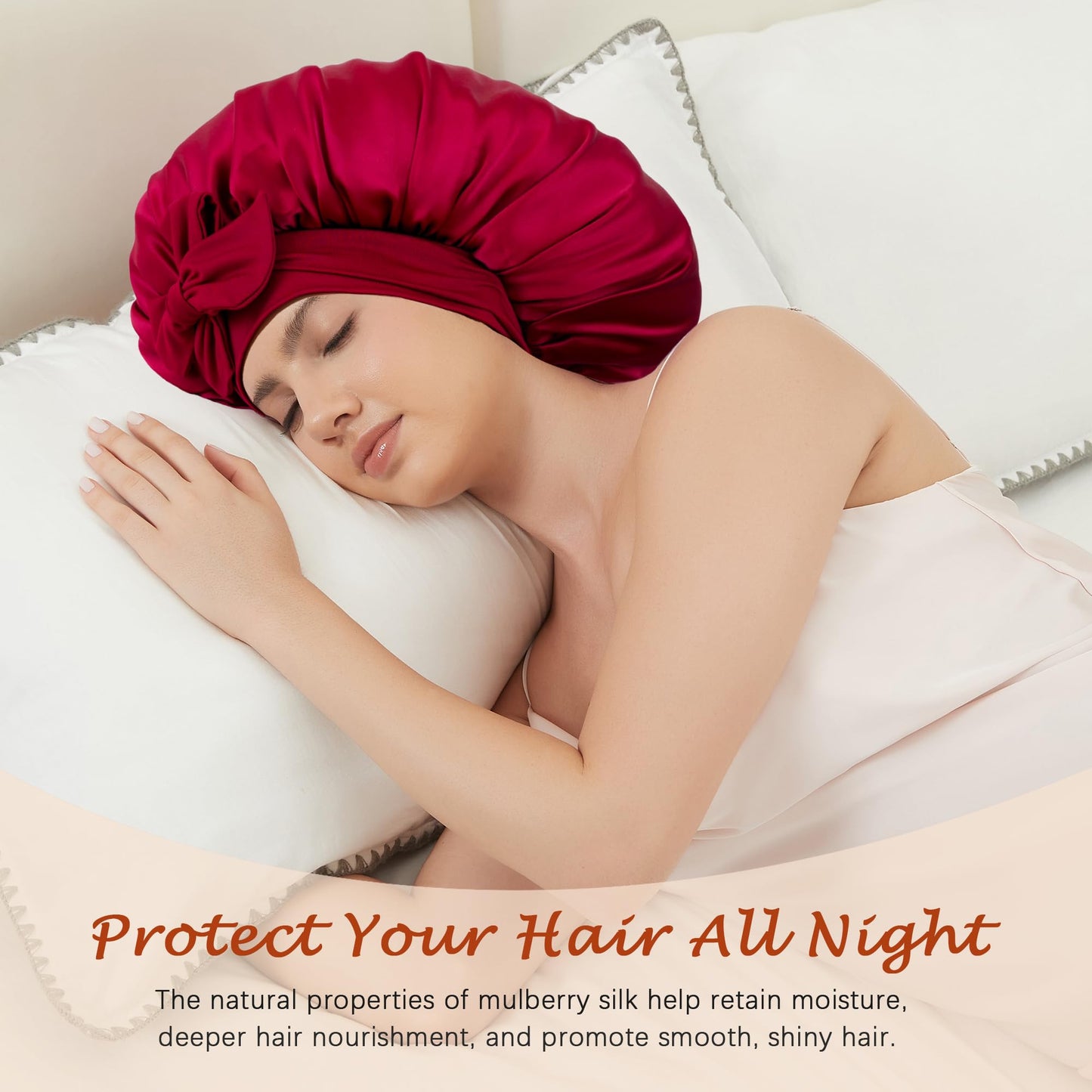 100% Mulberry Silk Bonnet for Sleeping Women, Pure Real Silk Hair Bonnets with Tie, Double Layer Sleep Cap for Curly Hair