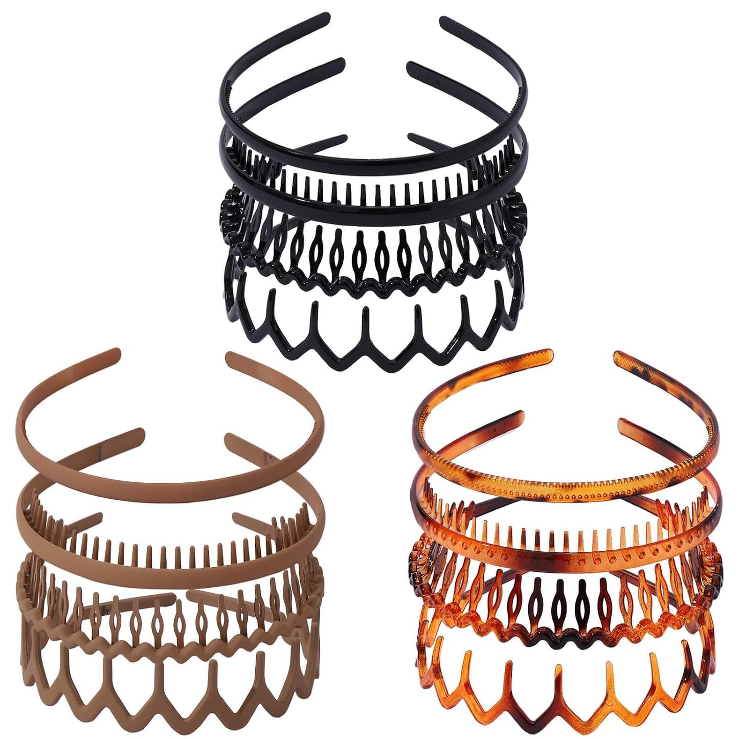 12 Pcs Non-Slip Plastic Headbands for Women & Men - Hair Accessories for Teens | Black & Khaki