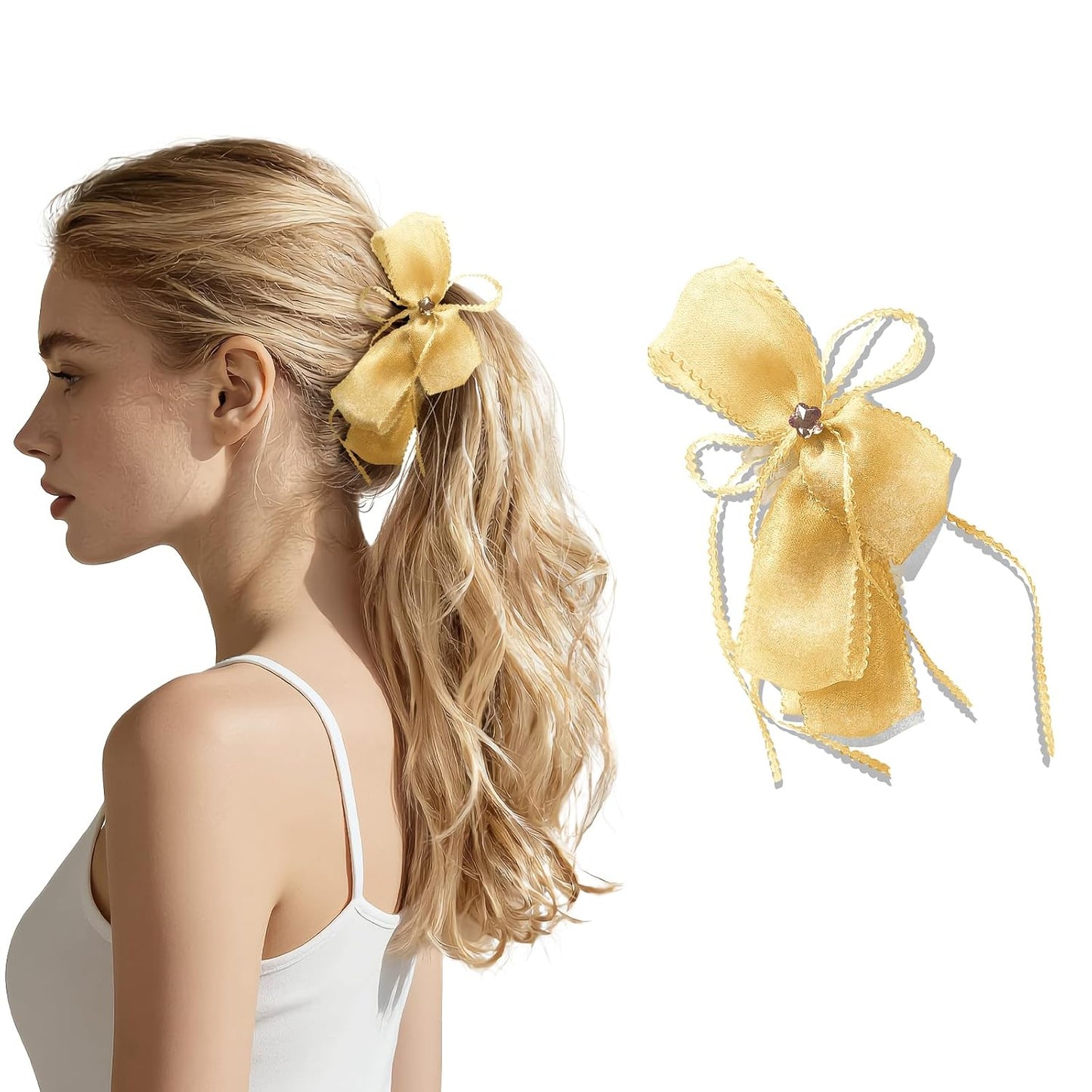 Banana Clips for Women - Cute Satin Polka Dot Hair Bow Claw Clips | Perfect for Thick & Thin Hair - Seersucker Yellow