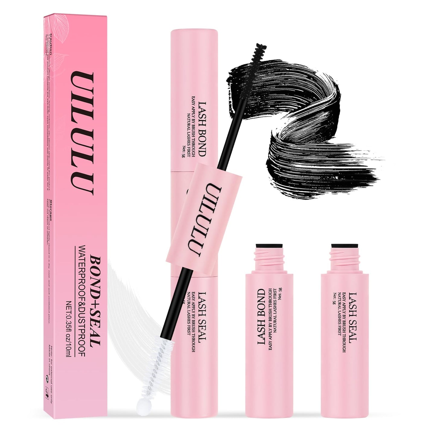 Uilulu Lash Bond and Seal - 2-in-1 Lash Glue (5ml) & Sealer (5ml) for DlY Lash Extensions at Home, Waterproof Eyelash Adhesive for Cluster& Individual Lashes, Black Bond Eyelash Glue Strong Hold