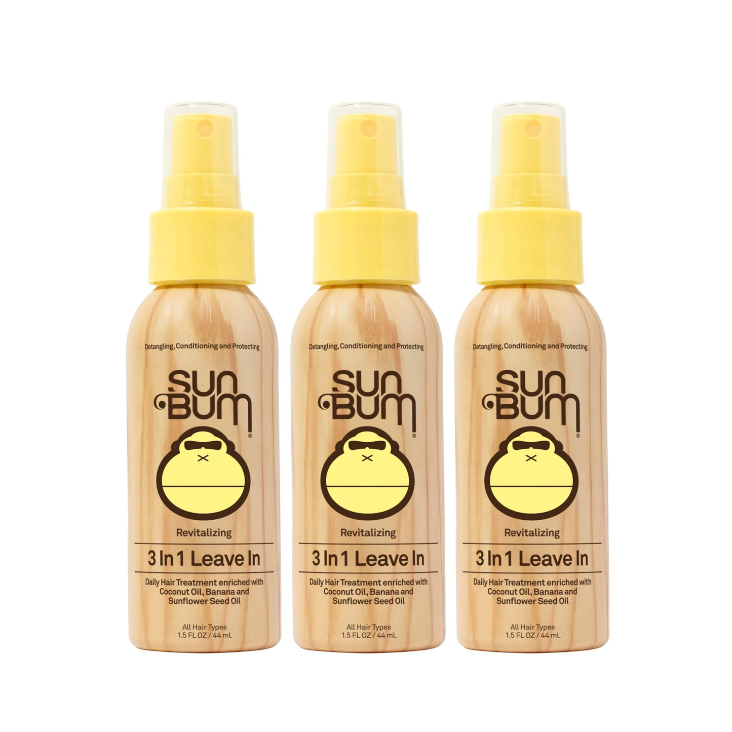 Sun Bum Revitalizing 3 in 1 Leave In Conditioner - Anti Frizz Detangler - Color Friendly with UV Protection - Enriched with Coconut Oil and Banana - Travel Friendly 1.5 oz (Pack of 3)