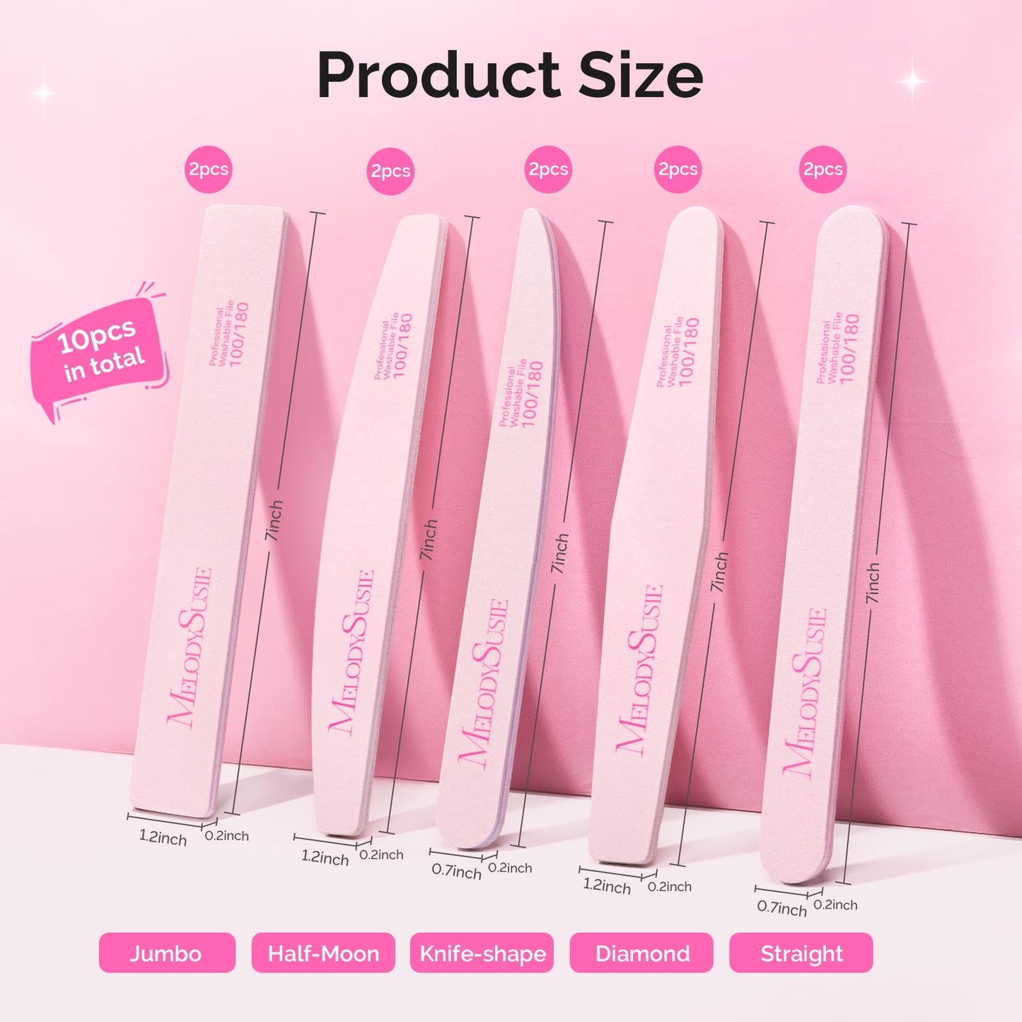 MelodySusie 10Pcs Nail Files 100/180 Grit, Mixed-Shape Double Sided Emery Boards Bulk Pack for Acrylic, Gel and Natural Nails, Professional Manicure Pedicure Shaping Tools for Home Salon, Pink